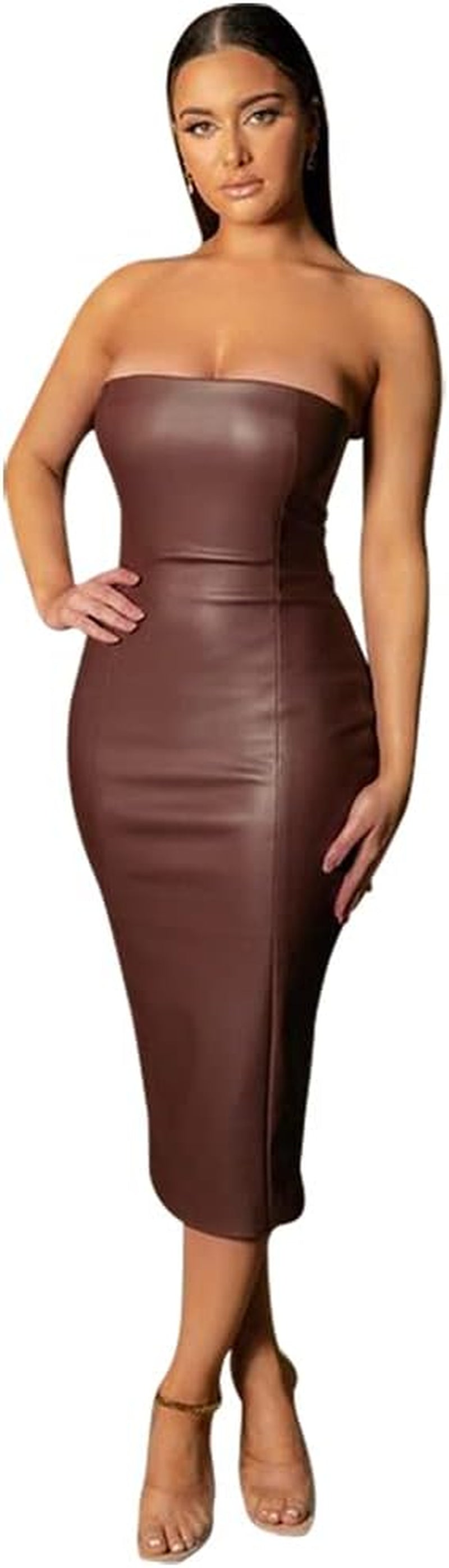 Women's Off-Shoulder Faux Leather Bodycon Midi Dress