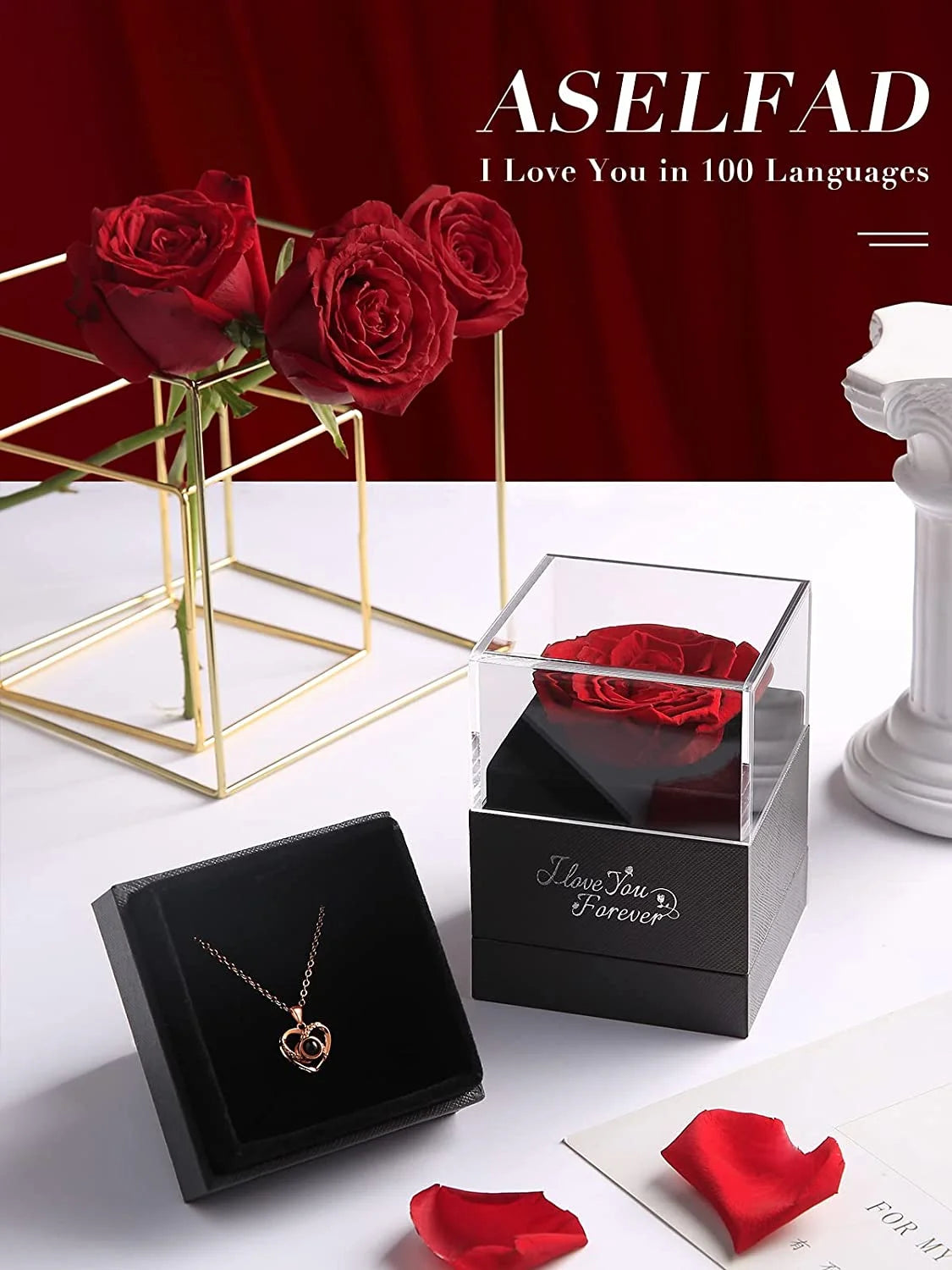 Eternal Preserved Red Rose with "I Love You" Necklace in 100 Languages - Timeless Floral Gift for Mother's Day, Birthdays, Anniversaries, and Romantic Occasions