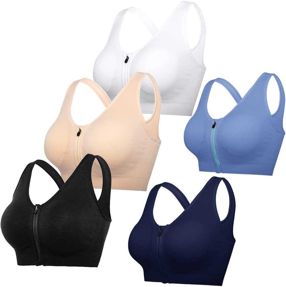 5-Pack Women's Zip Front Sports Bra - Post-Surgery Wirefree Yoga Bra with Removable Pads and Racerback Design