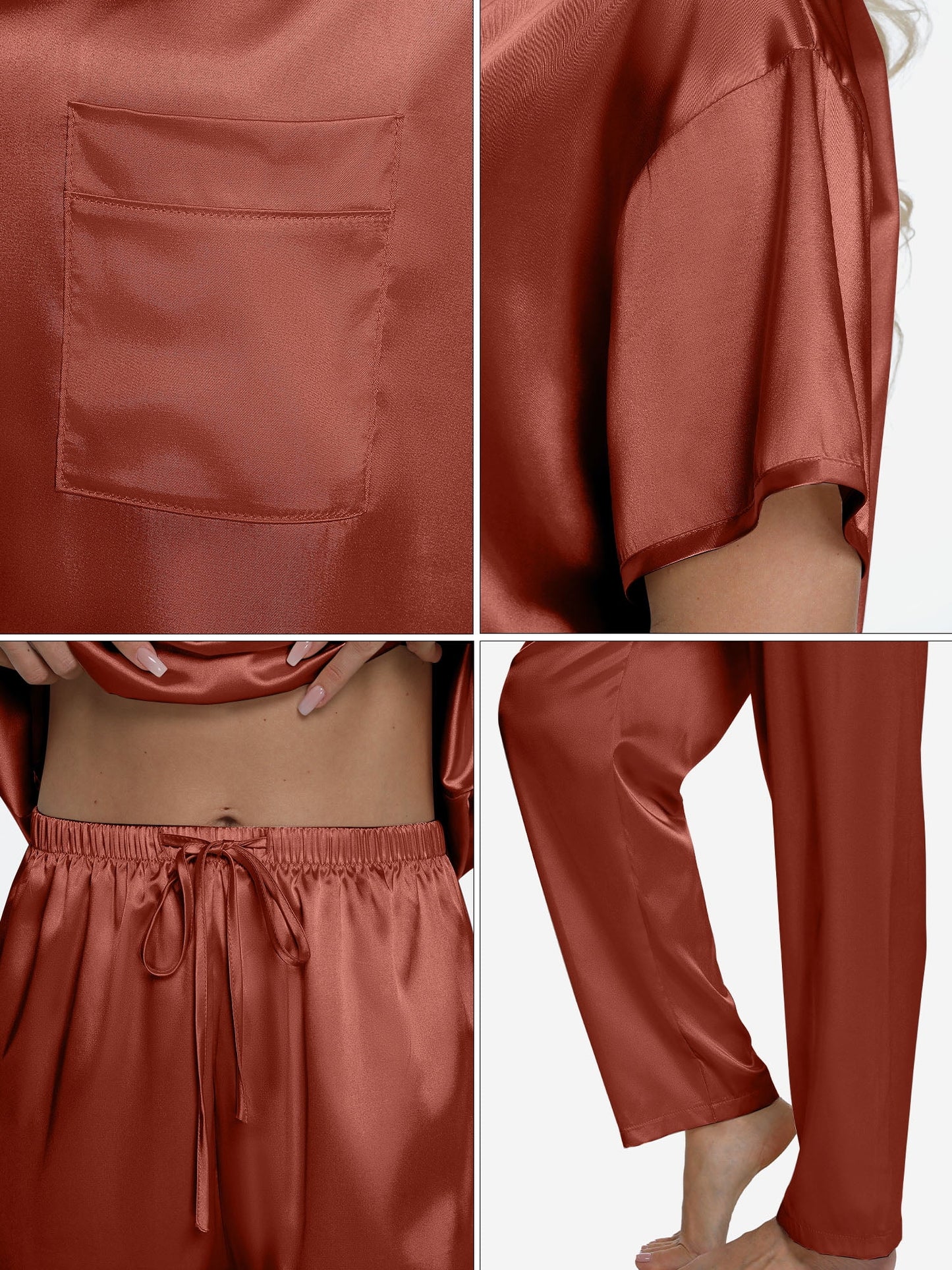 Women's Silk Satin Short Sleeve Pajama Set with Long Pants - Two-Piece Soft Sleepwear Loungewear in Caramel, Sizes S-XXL