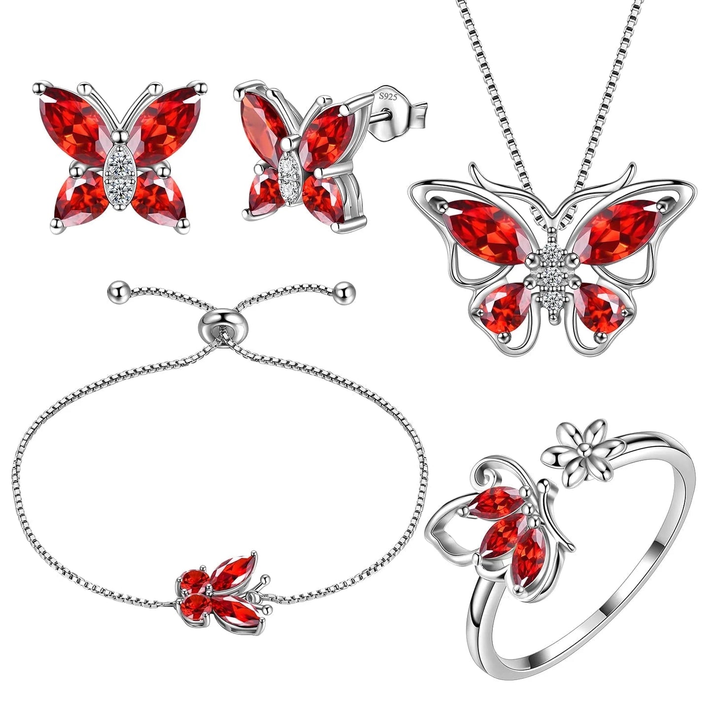 January Birthstone Jewelry Set: Red Butterfly Garnet Fine Necklace, Earrings, Ring, and Bracelet in Sterling Silver - Ideal Gifts for Christmas, Birthdays, and Mother's Day
