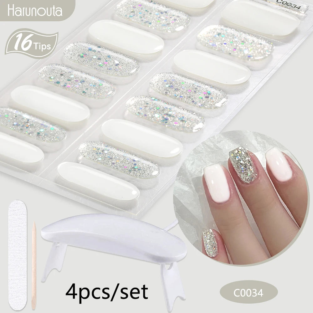 4Pcs/Set Semi Cured Gel Nail Strip with Nail Lamp Sparkly Shinning Gel Nail Polish Nail Stickers Kits Manicure Art