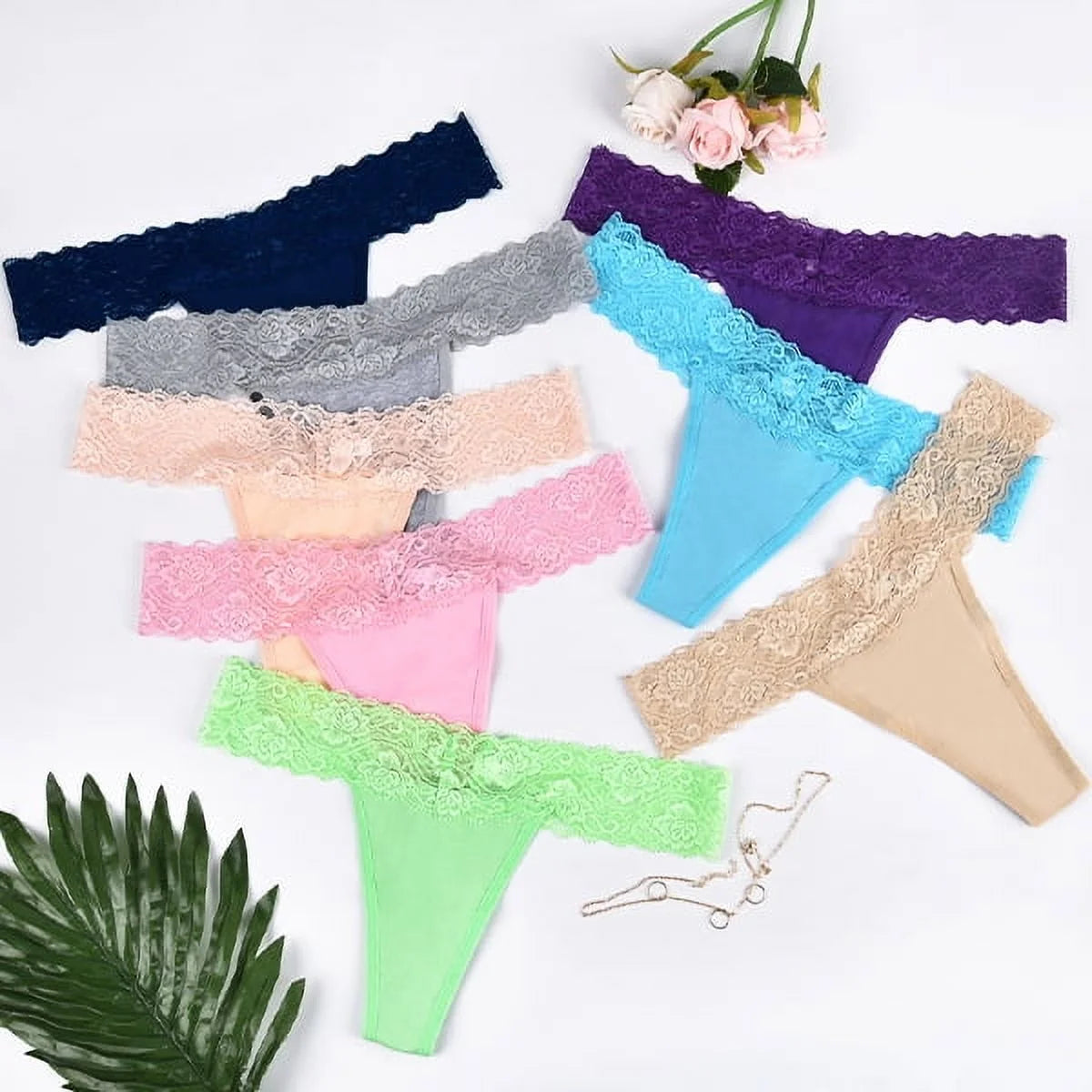 Women's Lace Thong Underwear - Cotton Cheeky T-Back Panties, 10 Pack