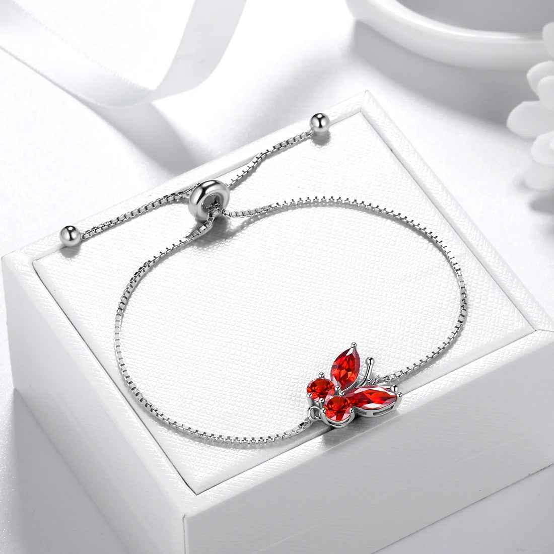 January Birthstone Jewelry Set: Red Butterfly Garnet Fine Necklace, Earrings, Ring, and Bracelet in Sterling Silver - Ideal Gifts for Christmas, Birthdays, and Mother's Day