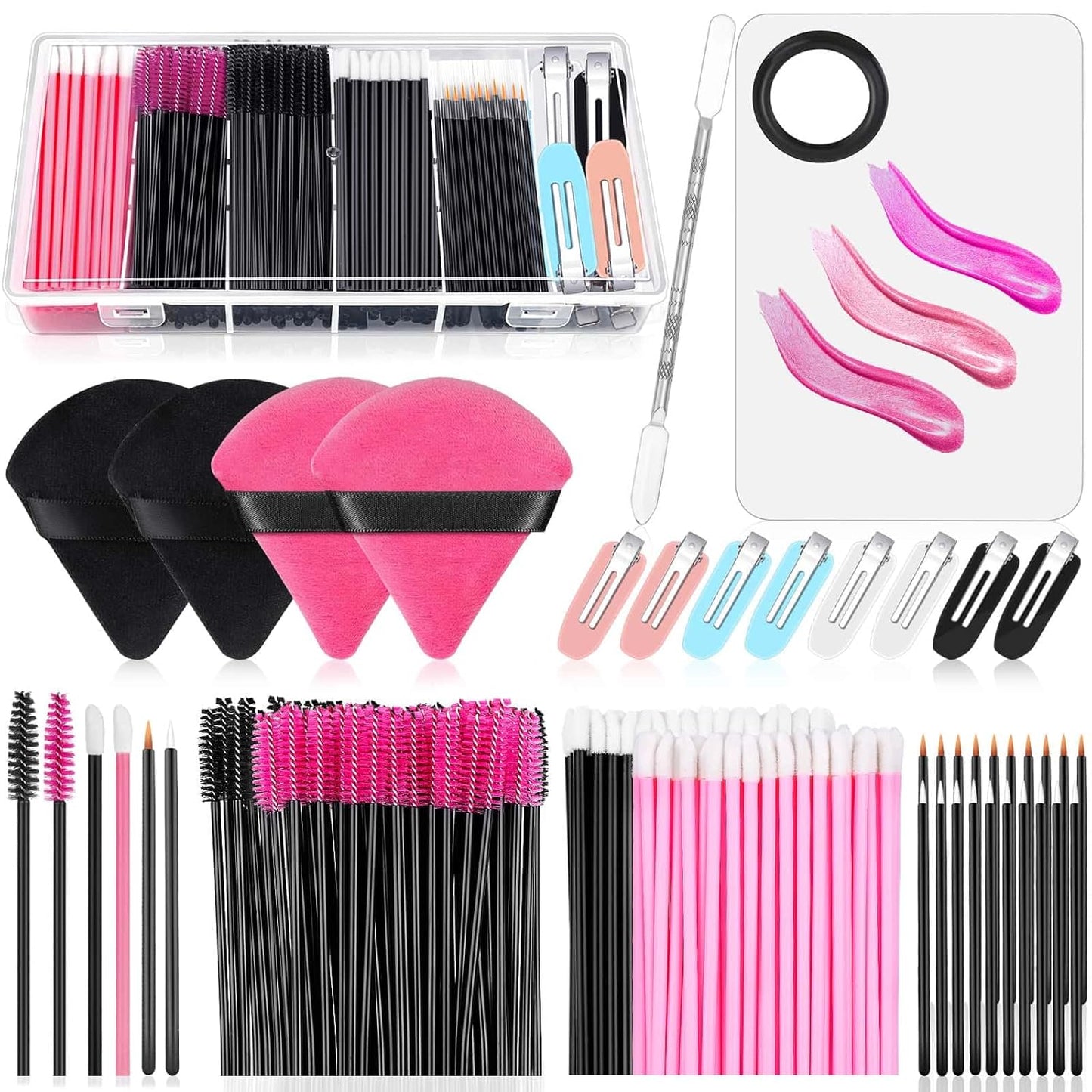 Disposable Makeup Applicators Kit with Triangle Puff Mixing Palette, Mascara Wands, Lip Brushes, Hair Clips, and Powder Puffs in Storage Box