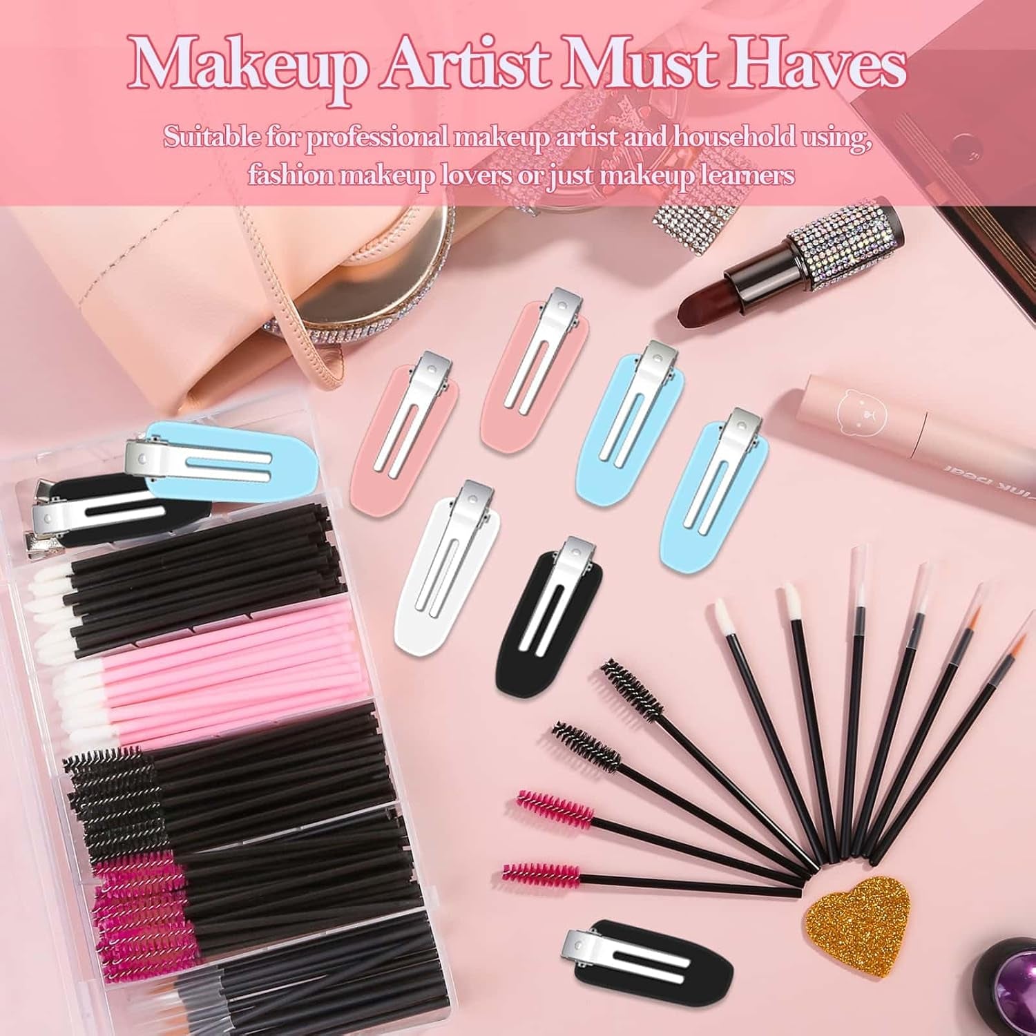 Disposable Makeup Applicators Kit with Triangle Puff Mixing Palette, Mascara Wands, Lip Brushes, Hair Clips, and Powder Puffs in Storage Box