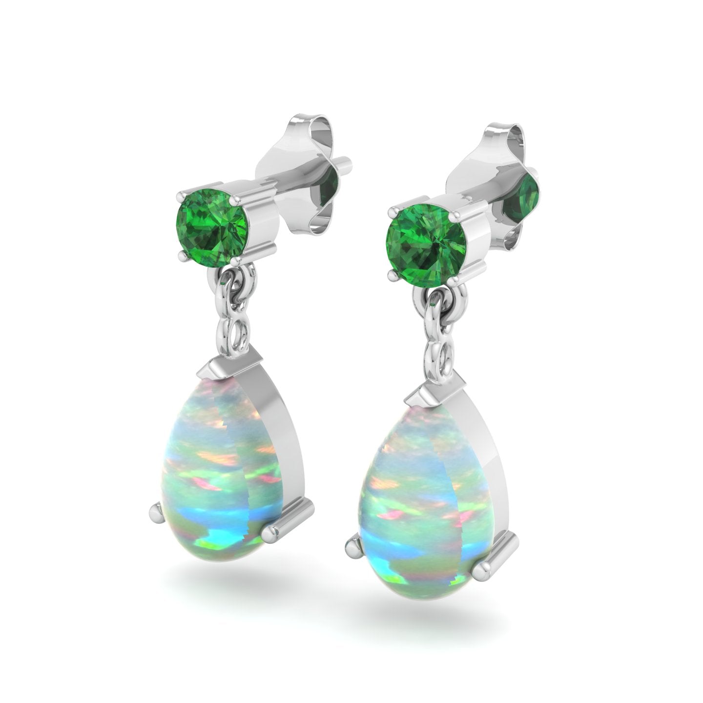 Women's Jewelry Set: Natural Pear-Shaped Opal Pendant Necklace with Created Emerald and Matching Pear-Shaped Opal and Emerald Stud Earrings