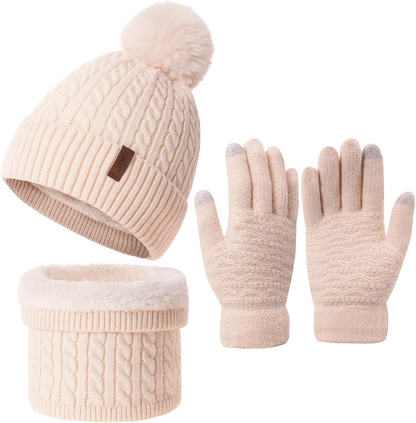 3-Piece Women's Winter Beanie, Scarf, and Touchscreen Gloves Set - Classic Knit Fleece-Lined Cable Cap