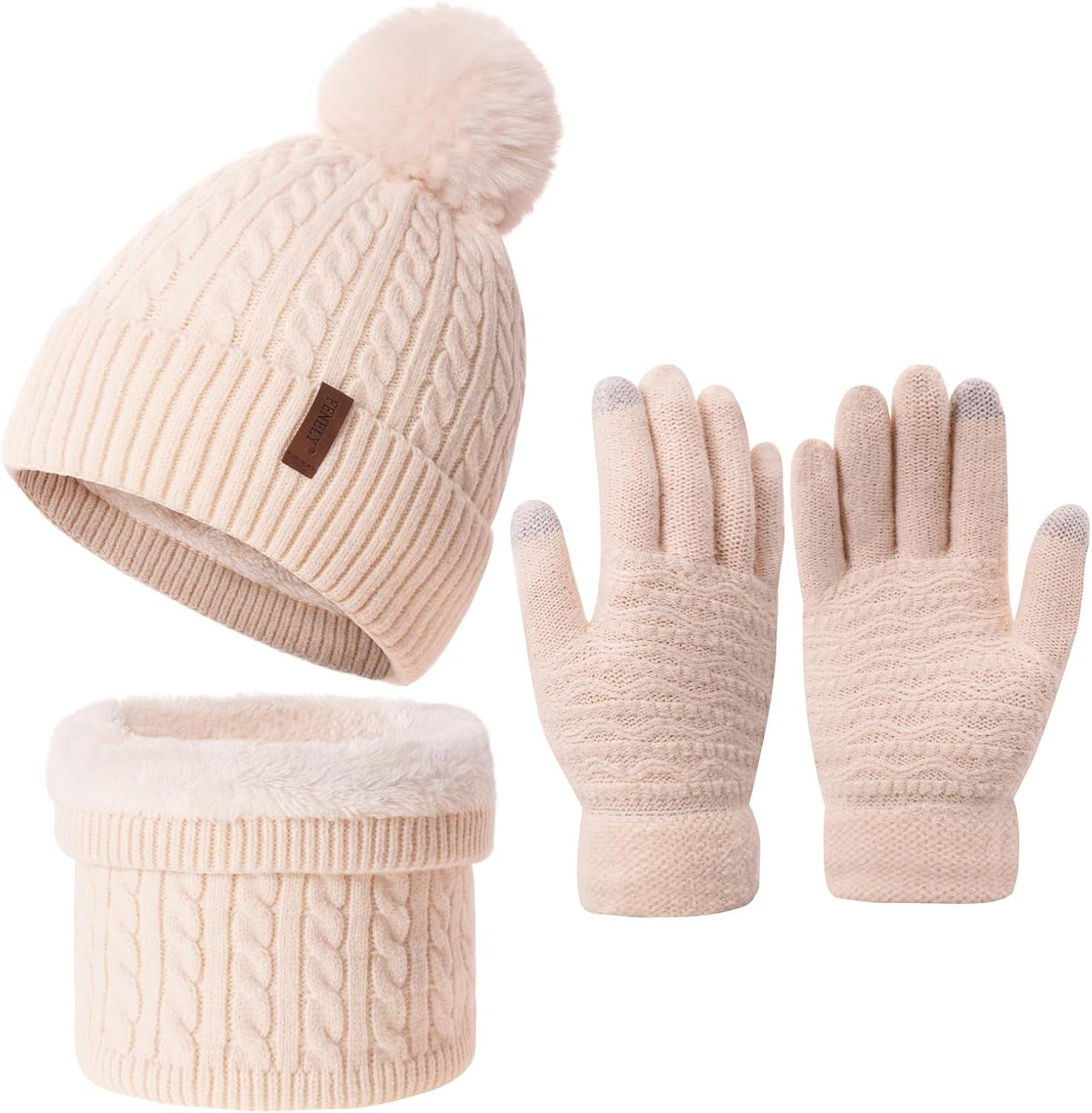 3-Piece Women's Winter Beanie, Scarf, and Touchscreen Gloves Set - Classic Knit Fleece-Lined Cable Cap