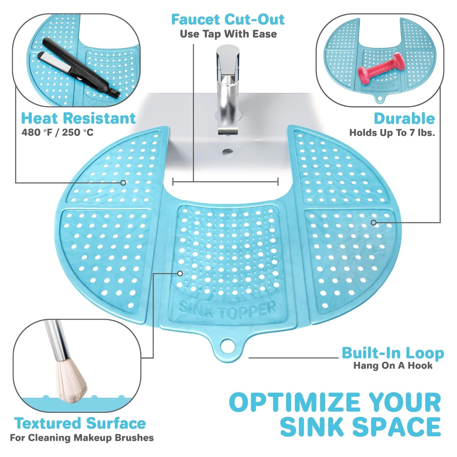 Bathroom Sink Cover for Enhanced Counter Space and Storage | Essential RV Accessory | Silicone Foldable Makeup Brush Cleaning Mat | Hot Tools Organizer | Standard Size, Pacific Blue