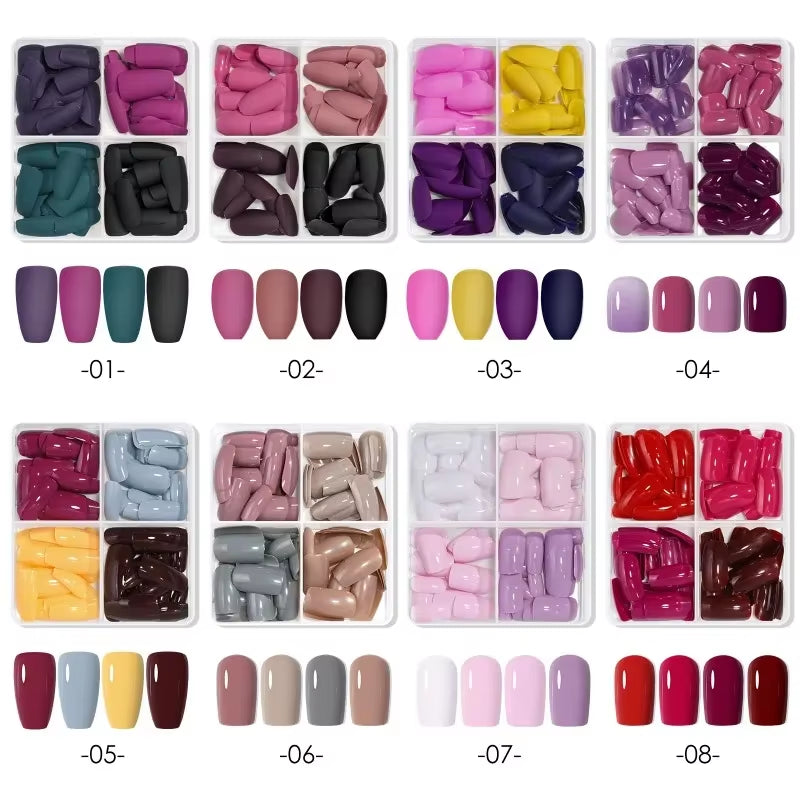 96Pcs/Box Matte Coffin Press on Nail Full Cover False Nails Mixed Size Solid Color Extension Oval Capsule Almond DIY Accessorie
