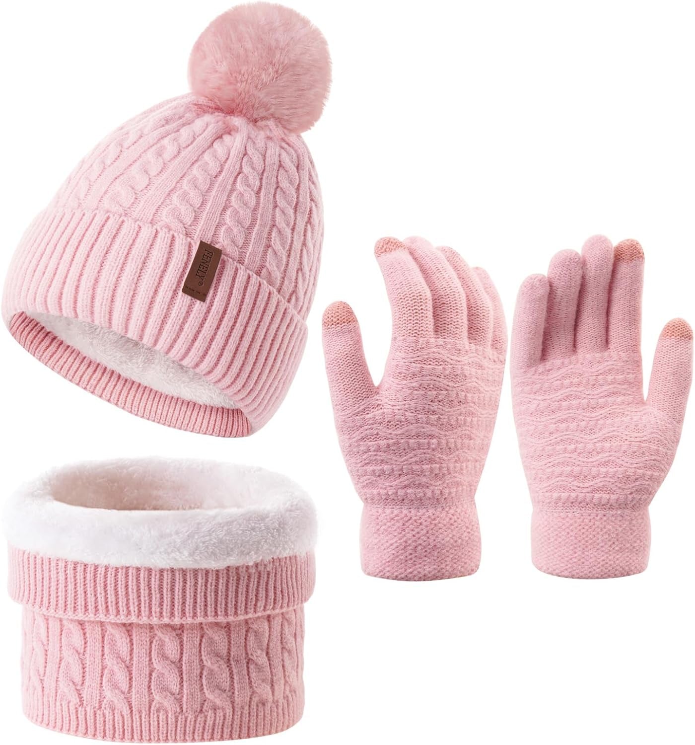 3-Piece Women's Winter Beanie, Scarf, and Touchscreen Gloves Set - Classic Knit Fleece-Lined Cable Cap