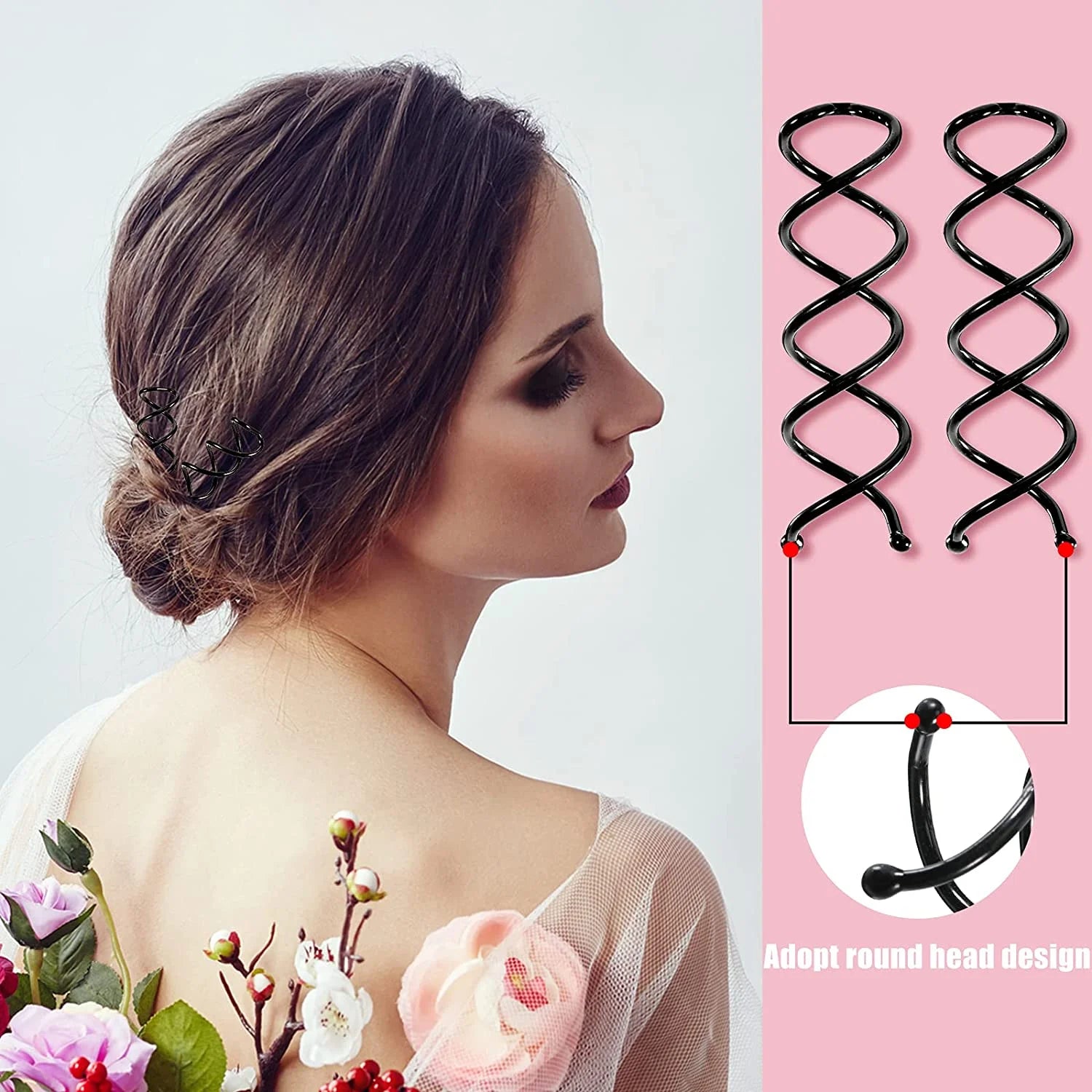 20-Piece Spiral Hair Pin Set, Rotating Non-Scratch Round Tip Twist Screw Hair Pins for Women's Bun Hairstyles, Black Spiral Bobby Pins