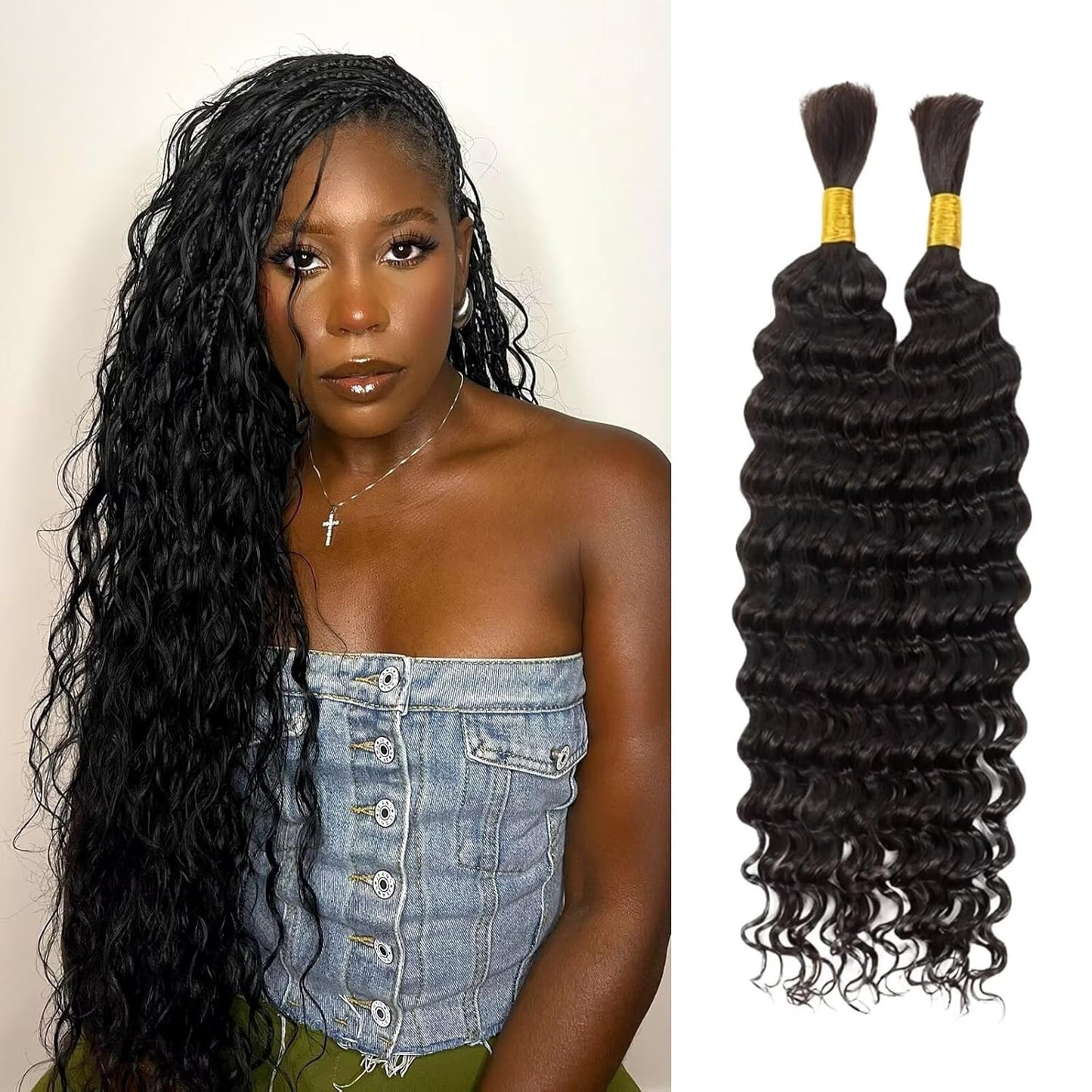 Human Braiding Hair 100G 24 Inch Bulk Deep Wave Human Hair for Braiding Boho Braids Human Hair for Bohemian Knotless Braids Micro Braiding Hair No Weft Human Hair Extensions Natural Black#