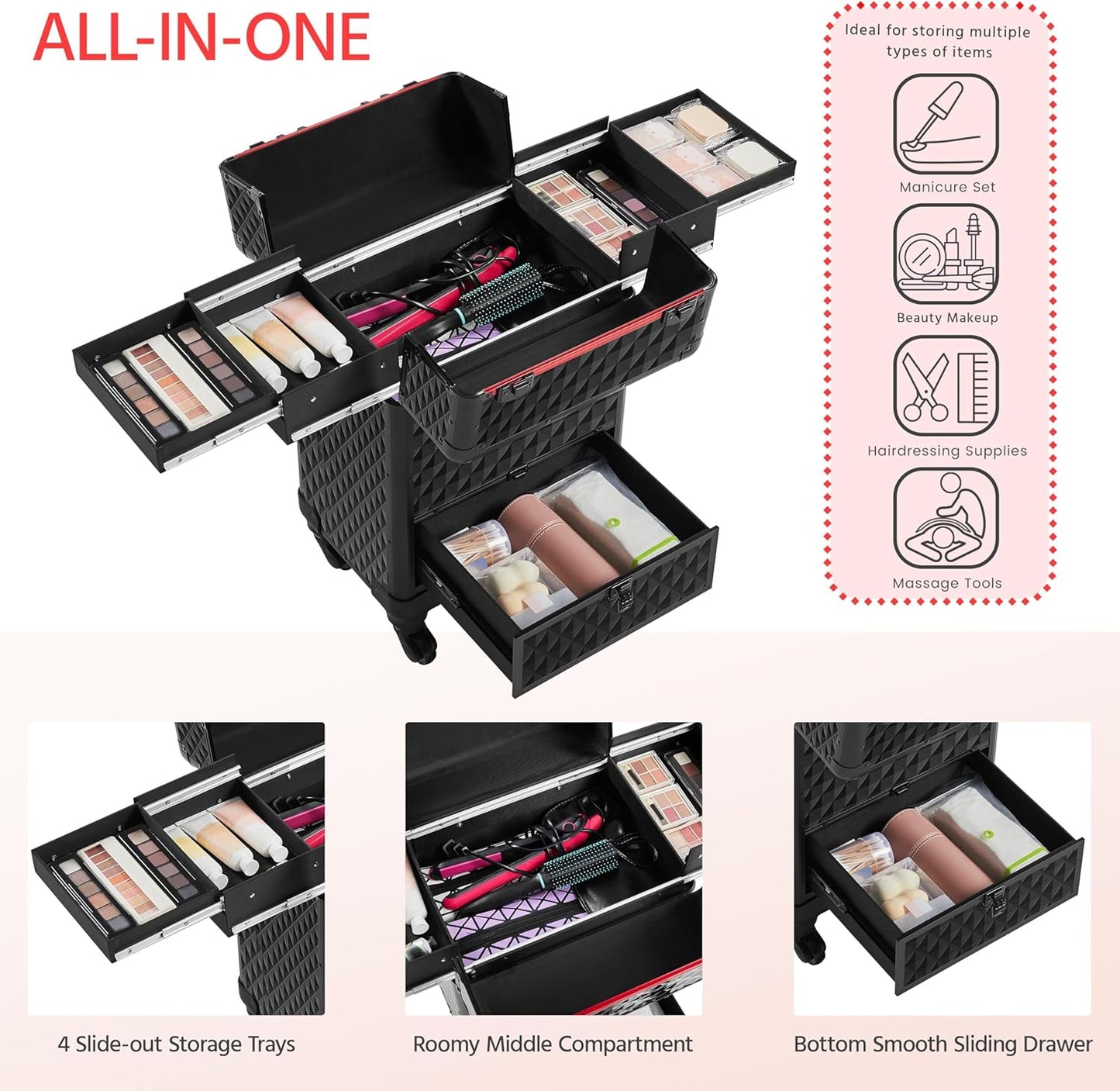 Professional Rolling Makeup Train Case - Aluminum Cosmetic Trolley with Wheels, Lockable Design, Sliding Drawers, and Removable Divider in Black/Red