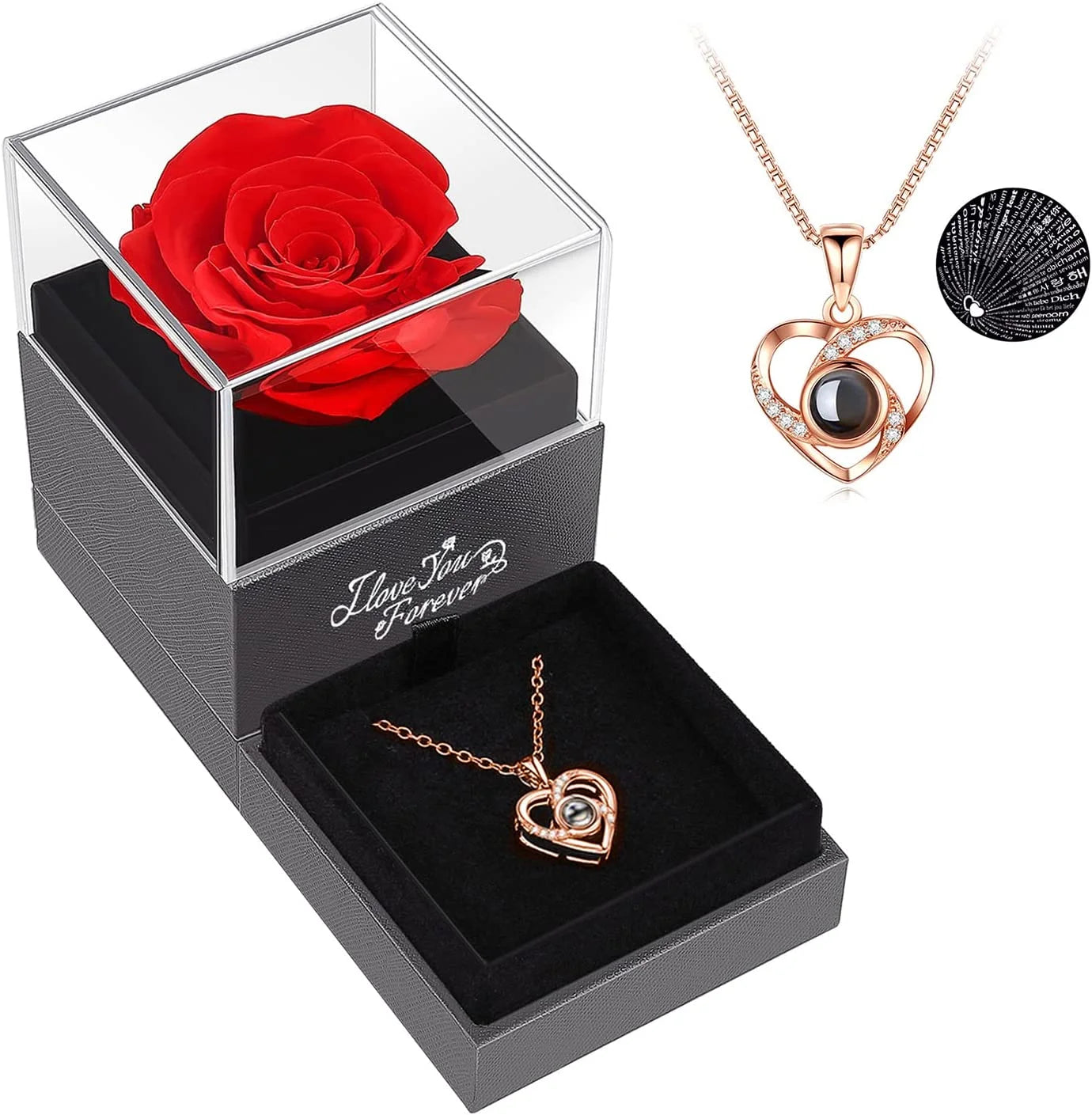 Eternal Preserved Red Rose with "I Love You" Necklace in 100 Languages - Timeless Floral Gift for Mother's Day, Birthdays, Anniversaries, and Romantic Occasions