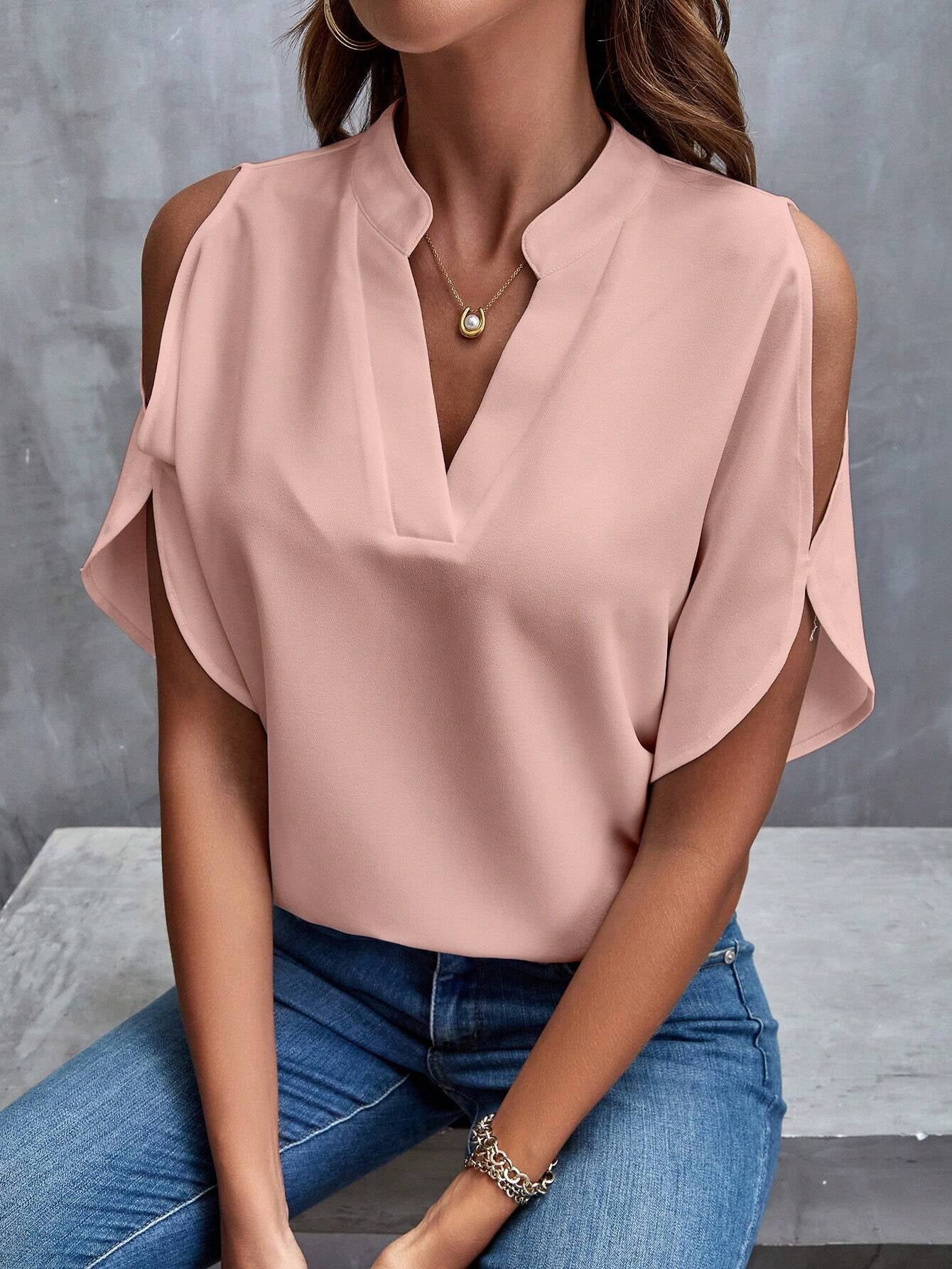 LUNE Solid Cold Shoulder Split Sleeve Popover Blouse - Short Sleeve Top