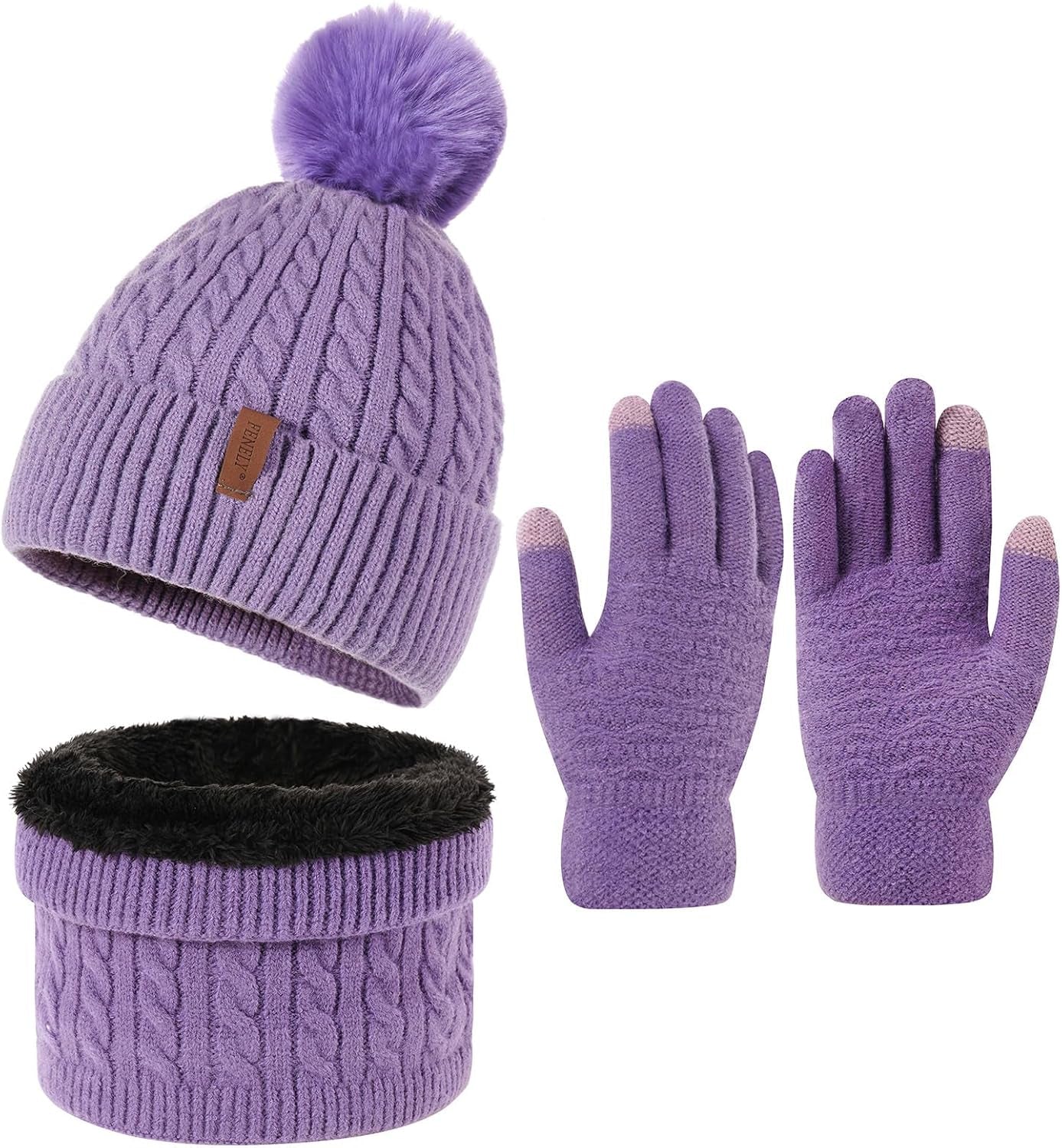 3-Piece Women's Winter Beanie, Scarf, and Touchscreen Gloves Set - Classic Knit Fleece-Lined Cable Cap