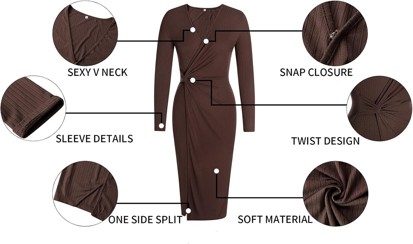 Women's Long Sleeve Midi Dress: Casual V-Neck Twist Waist Ribbed Knit Bodycon with Slit for Cocktail Parties