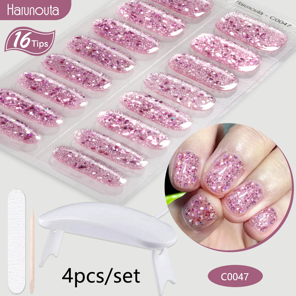 4Pcs/Set Semi Cured Gel Nail Strip with Nail Lamp Sparkly Shinning Gel Nail Polish Nail Stickers Kits Manicure Art