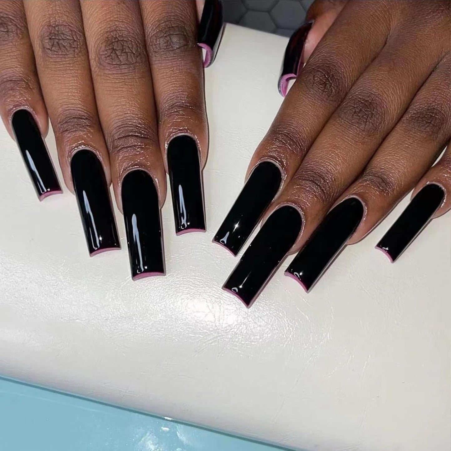 Long Square Press-On Nails with Black French Tip and Acrylic Flower Rhinestone Design - 24 Pieces