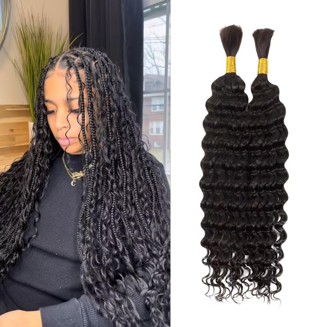Human Braiding Hair 100G 24 Inch Bulk Deep Wave Human Hair for Braiding Boho Braids Human Hair for Bohemian Knotless Braids Micro Braiding Hair No Weft Human Hair Extensions Natural Black#