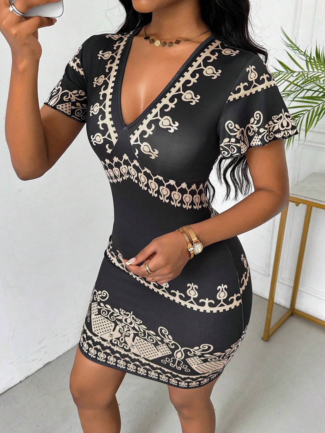SHEIN Classic Women's Fashionable Printed Short Sleeve V-Neck Dress