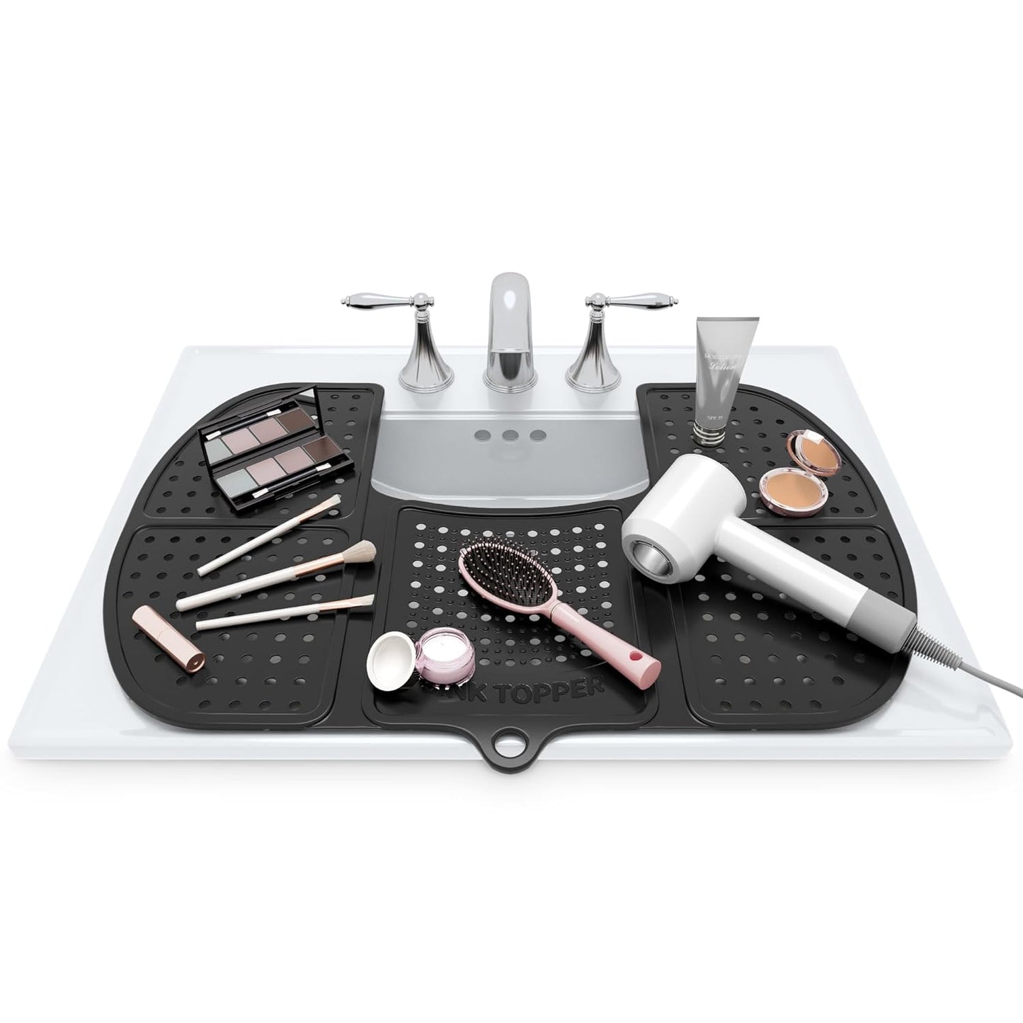 Bathroom Sink Cover for Enhanced Counter Space and Storage | Essential RV Accessory | Silicone Foldable Makeup Brush Cleaning Mat | Hot Tools Organizer | Standard Size, Pacific Blue