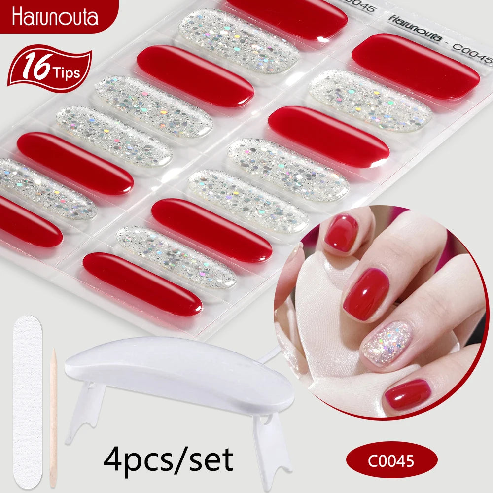 4Pcs/Set Semi Cured Gel Nail Strip with Nail Lamp Sparkly Shinning Gel Nail Polish Nail Stickers Kits Manicure Art