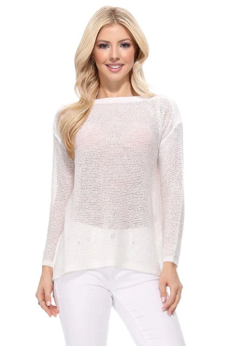 See-Through Boat Neck Knit Top with Side Slit
