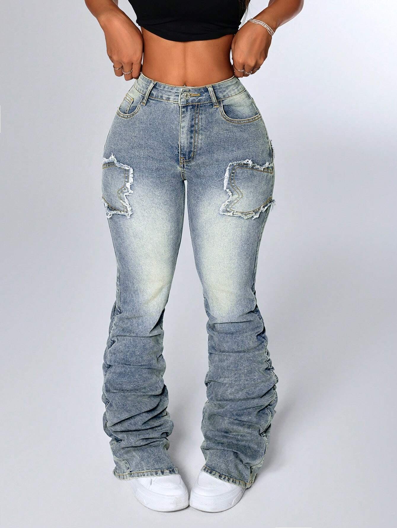 ICON Women's Patchwork Fringe Ruffle Flare Casual Versatile Stacked Jeans