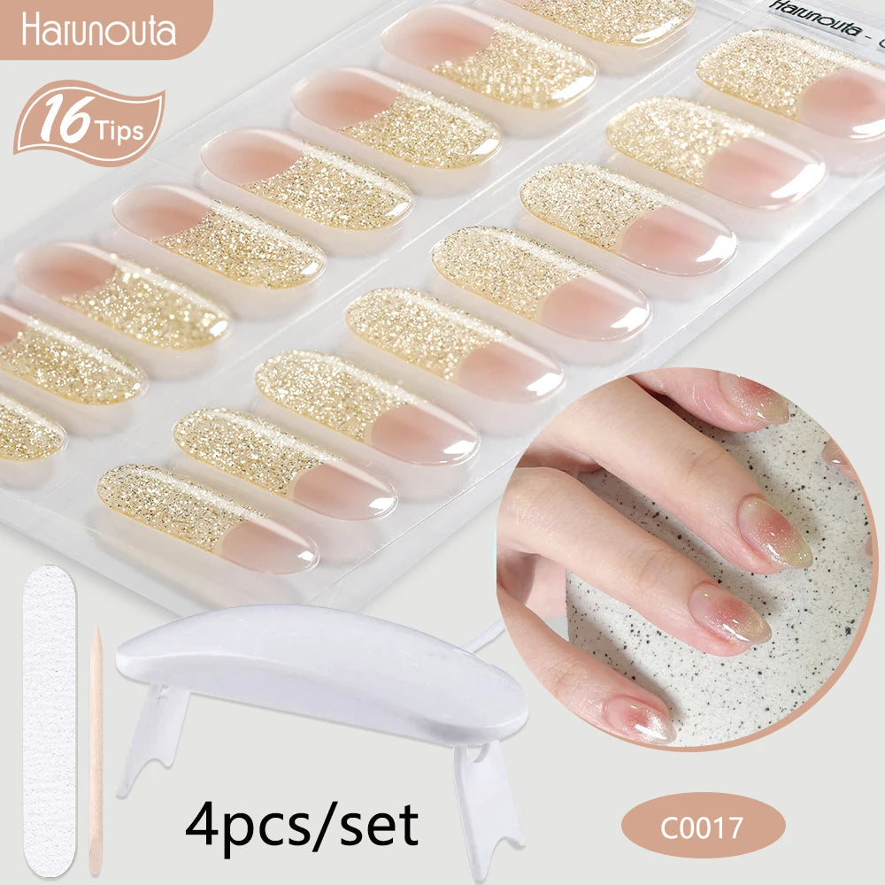 4Pcs/Set Semi Cured Gel Nail Strip with Nail Lamp Sparkly Shinning Gel Nail Polish Nail Stickers Kits Manicure Art