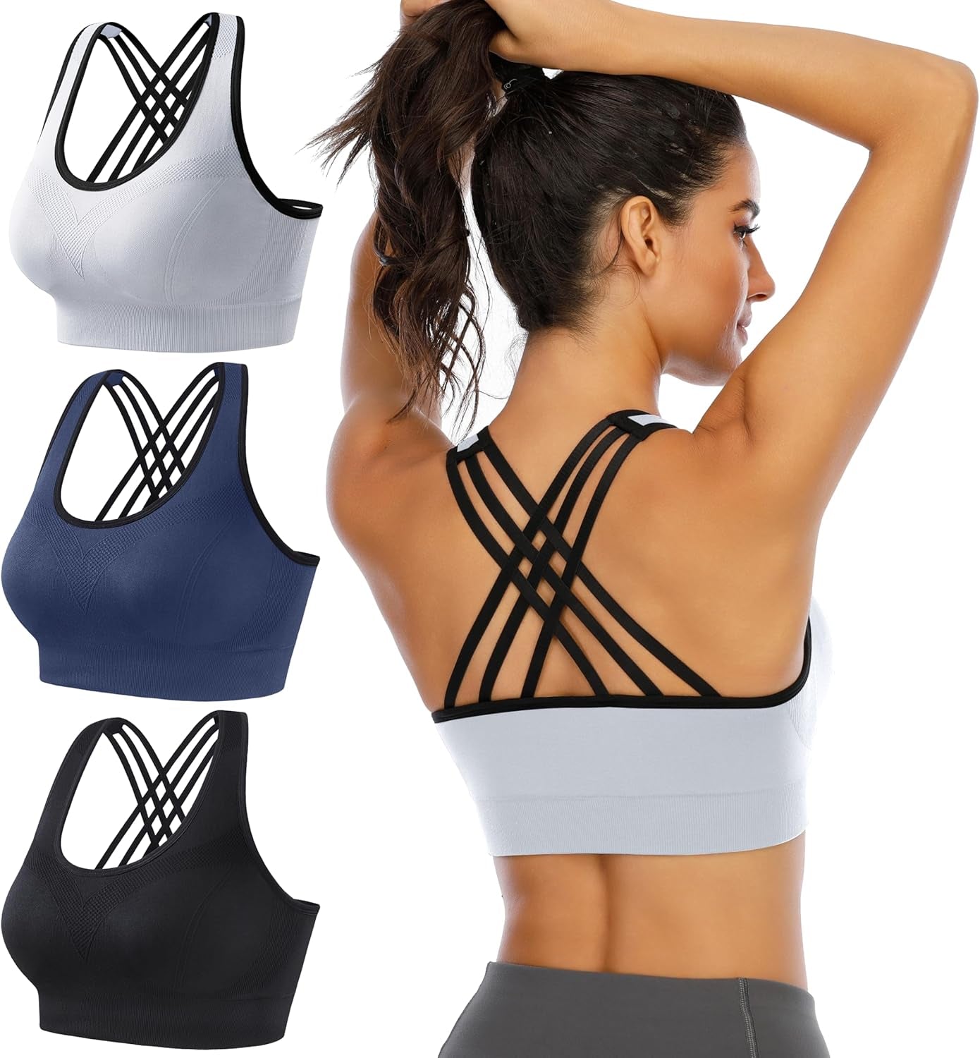 Women's Padded Sports Bra - Supportive Strappy Criss-Cross Yoga Bra, 3-Pack Athletic Workout Bras