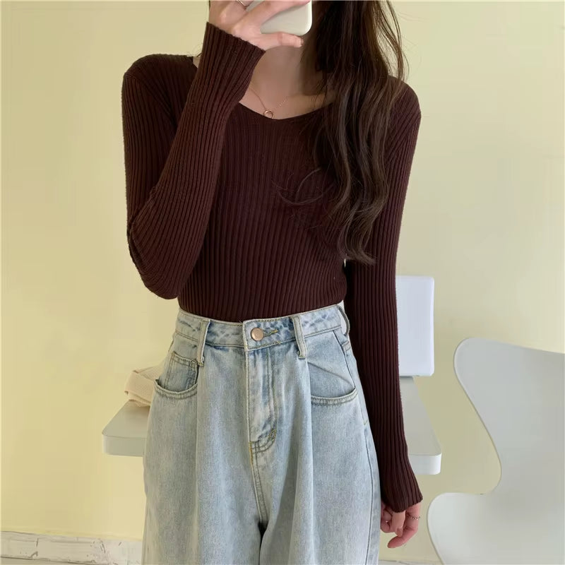 Women's Casual Long Sleeve Knitted Pullover - Autumn/Winter 2025 Solid Jersey Sweater