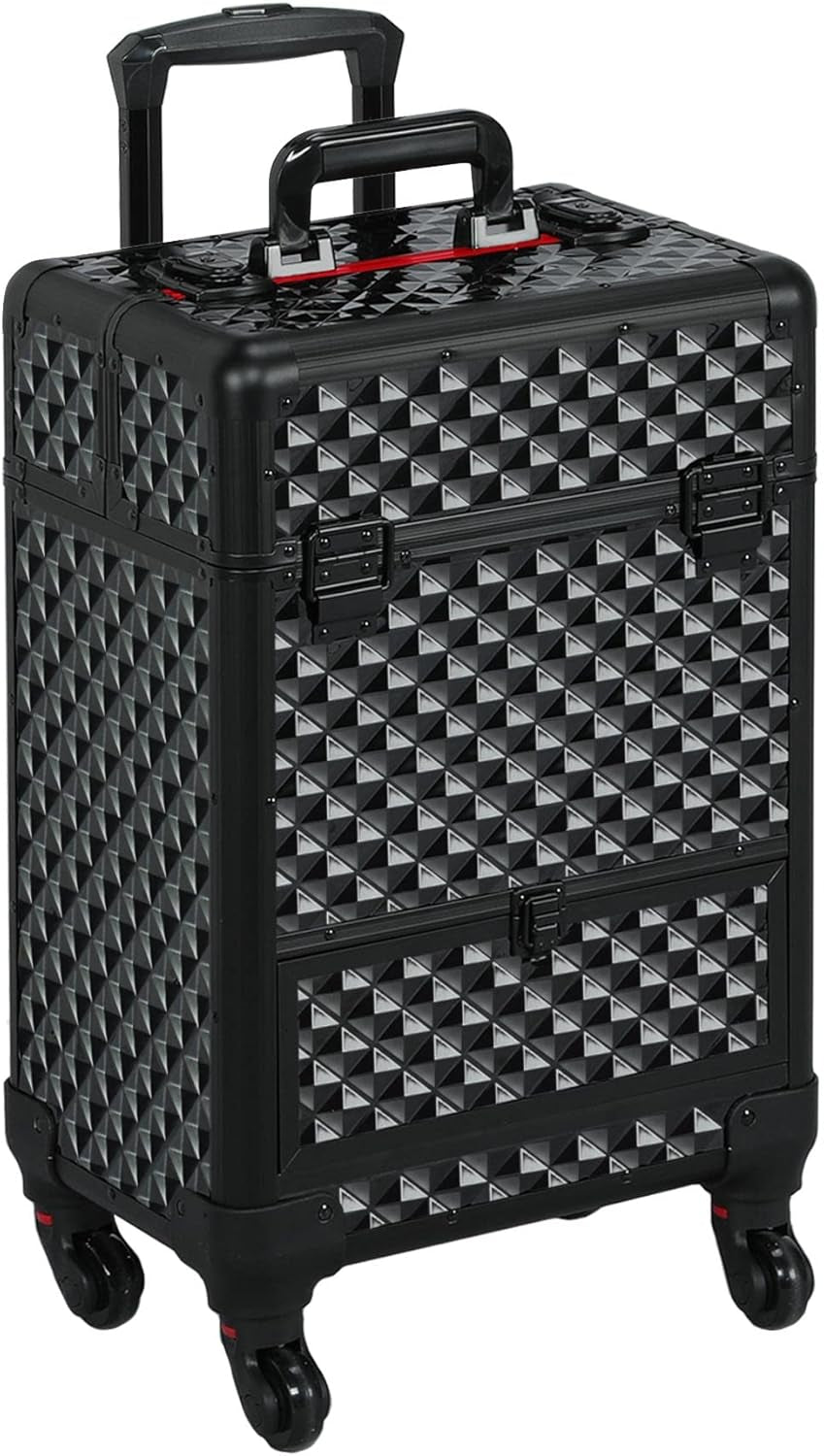 Professional Rolling Makeup Train Case - Aluminum Cosmetic Trolley with Wheels, Lockable Design, Sliding Drawers, and Removable Divider in Black/Red