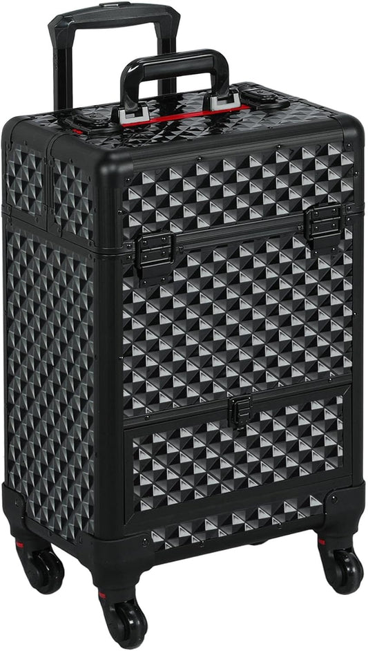 Professional Rolling Makeup Train Case - Aluminum Cosmetic Trolley with Wheels, Lockable Design, Sliding Drawers, and Removable Divider in Black/Red