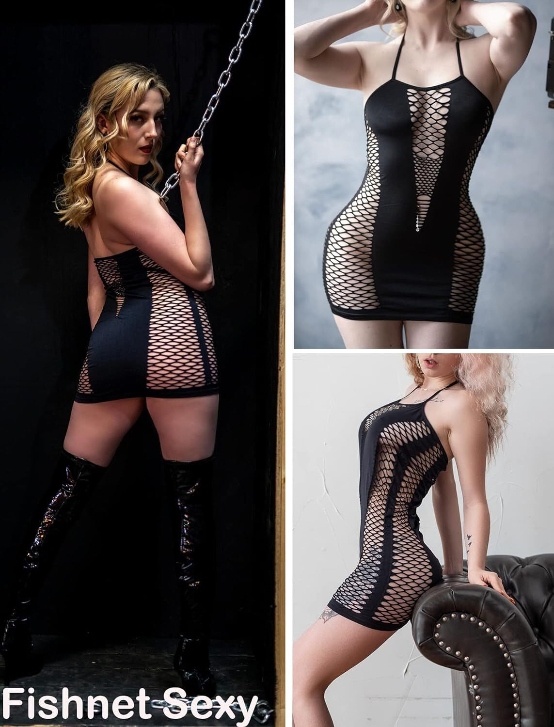 Elegant Fishnet Bodystocking Dress and Babydoll Sleepwear Set