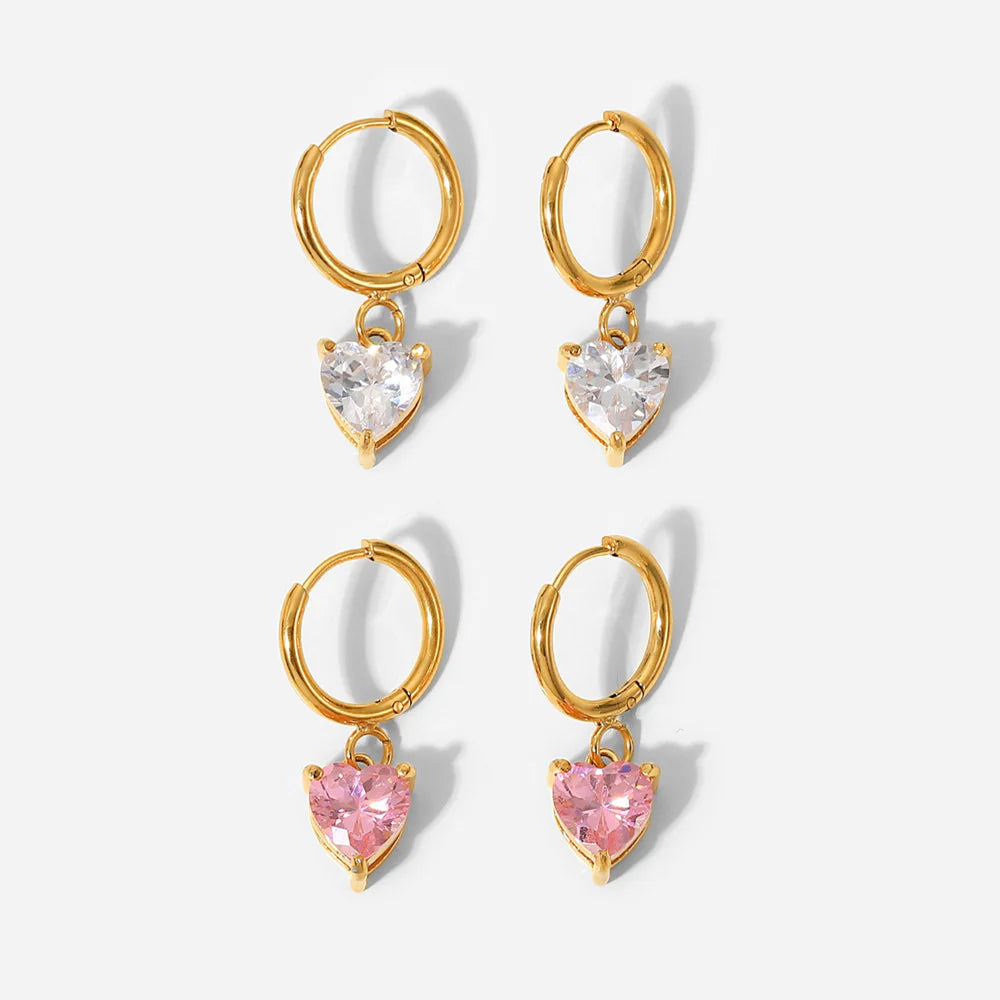 Pink Heart Cubic Zirconia Huggie Hoop Earrings - 18K Gold Plated