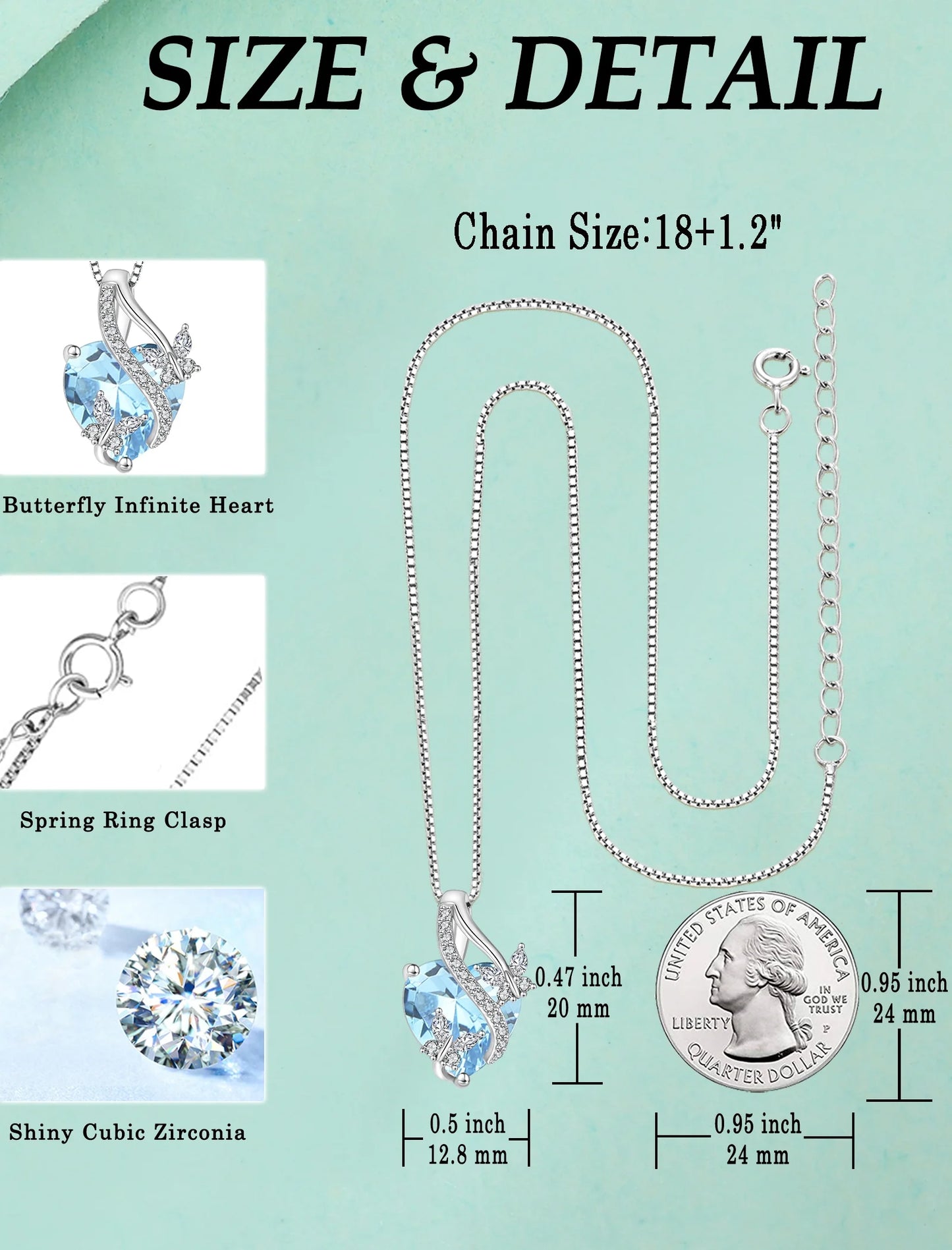 Sterling Silver Infinite Heart Pendant Butterfly Necklace for Women with Created Aquamarine Birthstone - Ideal Jewelry Gift for March Birthdays