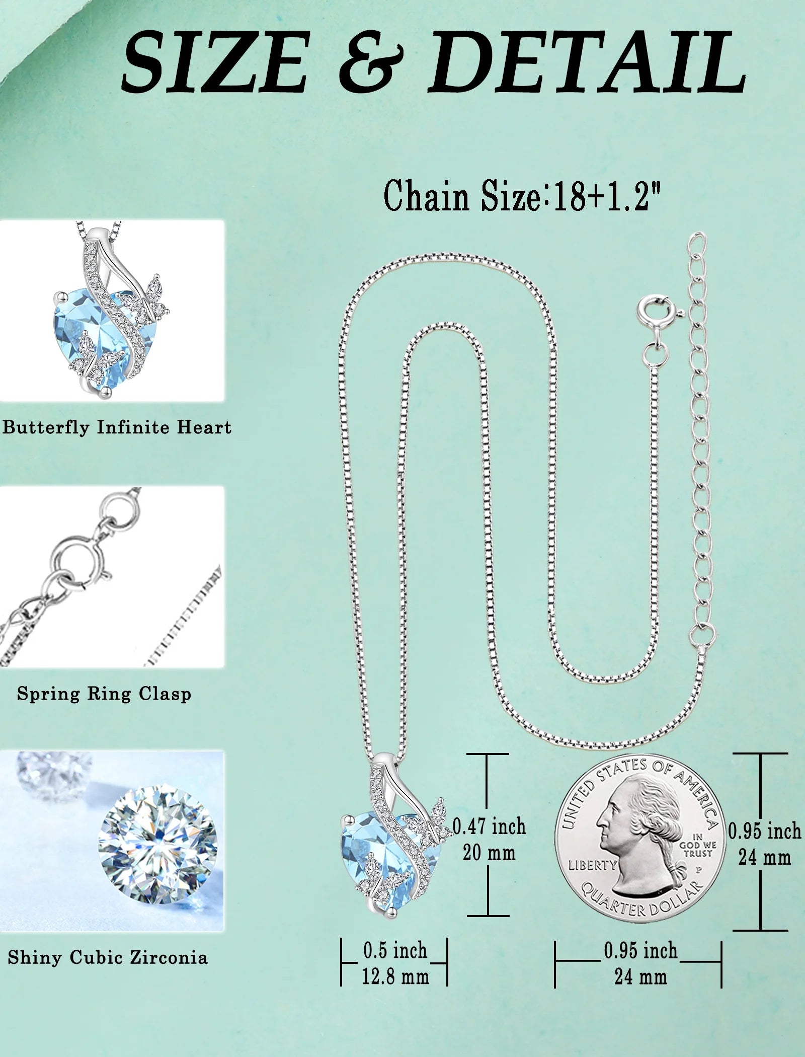 Sterling Silver Infinite Heart Pendant Butterfly Necklace for Women with Created Aquamarine Birthstone - Ideal Jewelry Gift for March Birthdays