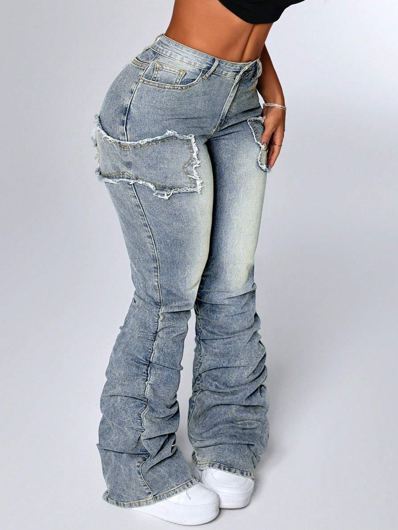ICON Women's Patchwork Fringe Ruffle Flare Casual Versatile Stacked Jeans