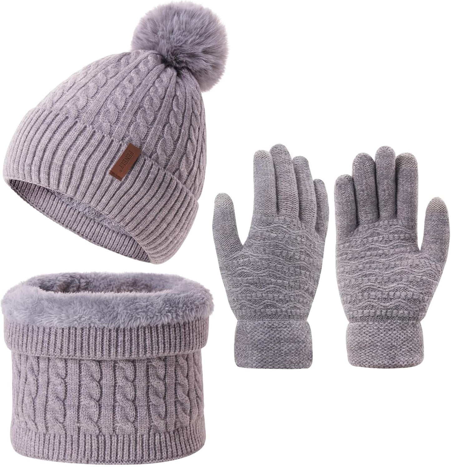 3-Piece Women's Winter Beanie, Scarf, and Touchscreen Gloves Set - Classic Knit Fleece-Lined Cable Cap