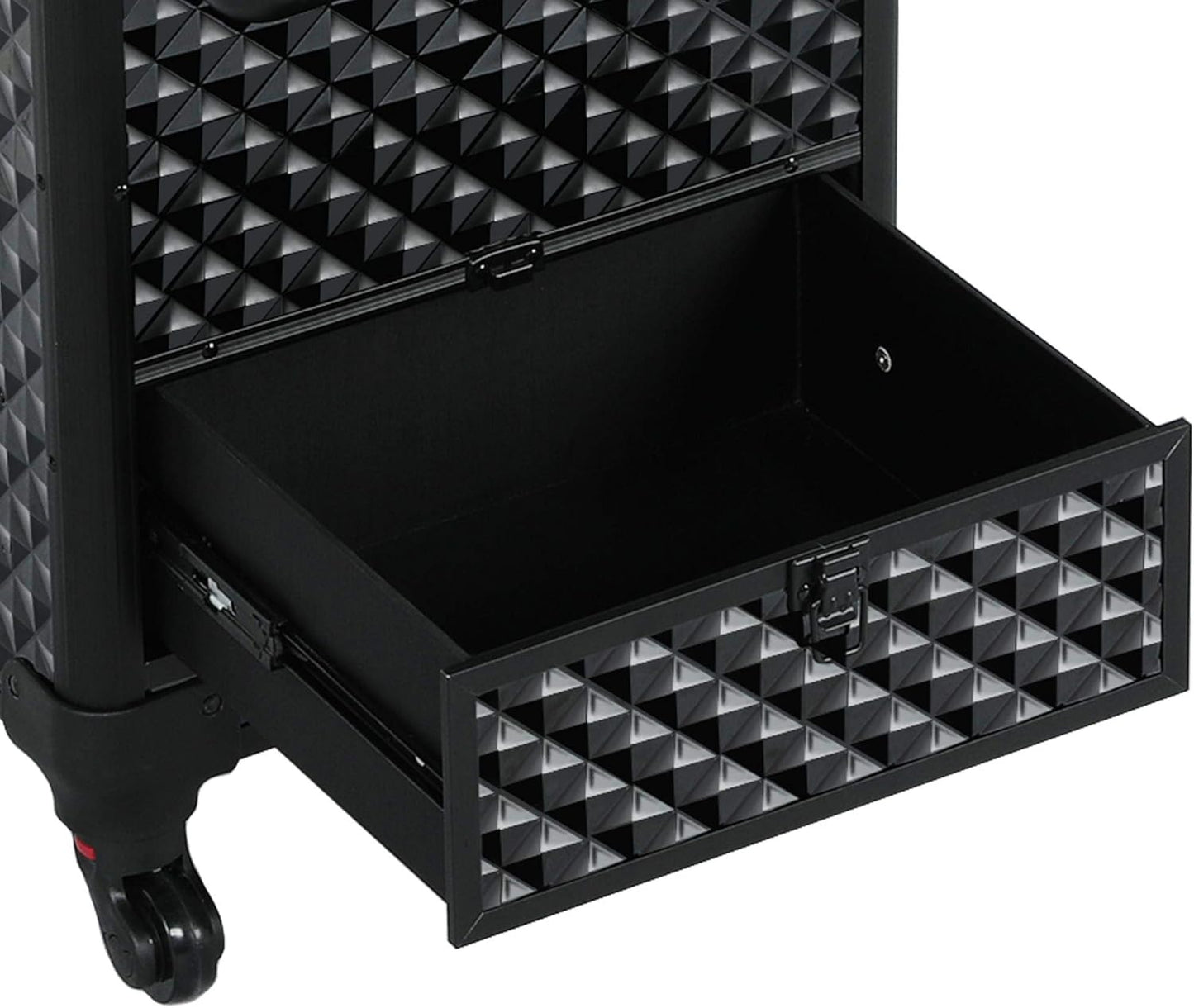 Professional Rolling Makeup Train Case - Aluminum Cosmetic Trolley with Wheels, Lockable Design, Sliding Drawers, and Removable Divider in Black/Red