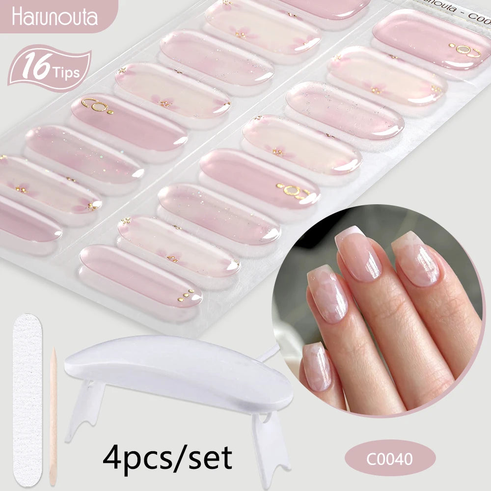 4Pcs/Set Semi Cured Gel Nail Strip with Nail Lamp Sparkly Shinning Gel Nail Polish Nail Stickers Kits Manicure Art