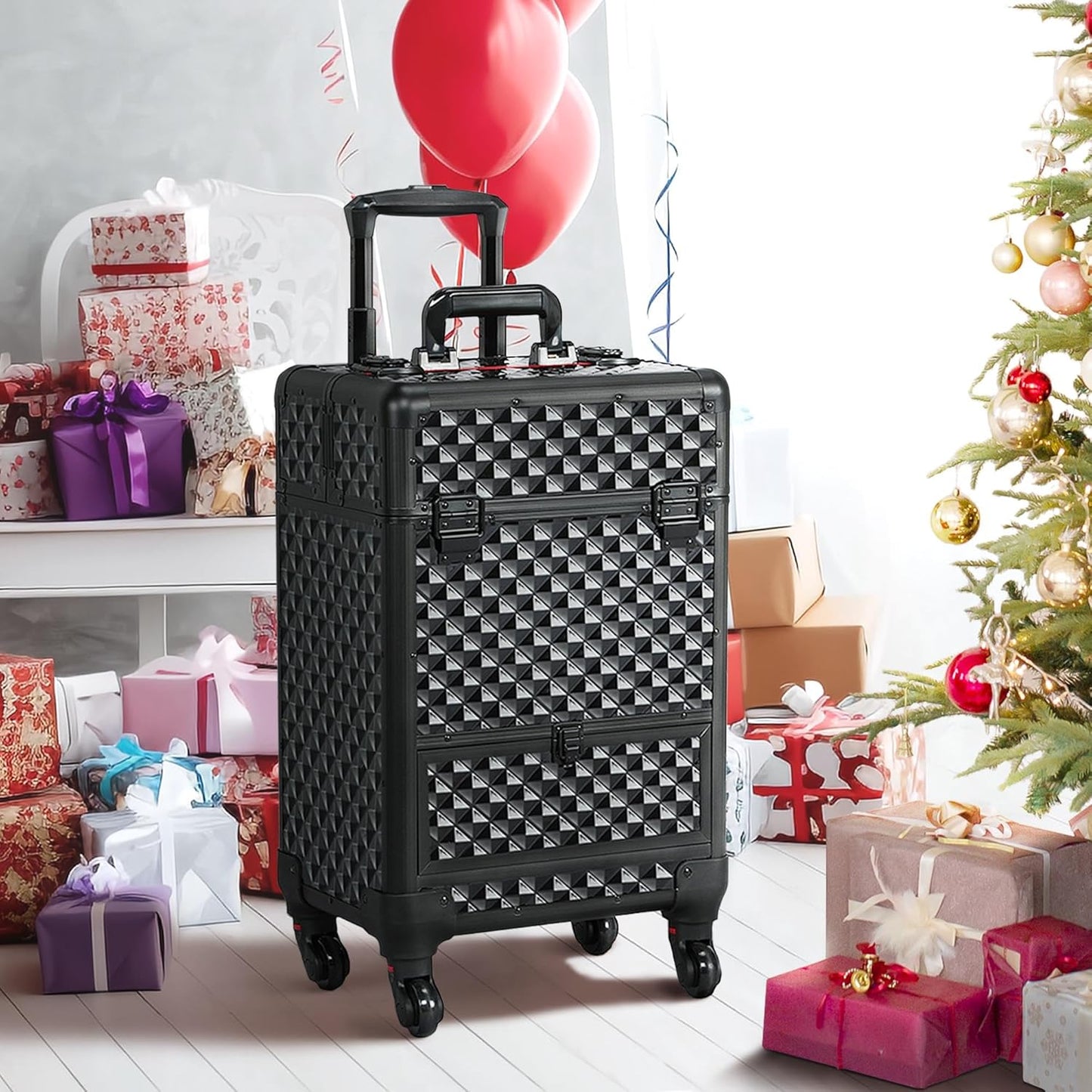 Professional Rolling Makeup Train Case - Aluminum Cosmetic Trolley with Wheels, Lockable Design, Sliding Drawers, and Removable Divider in Black/Red