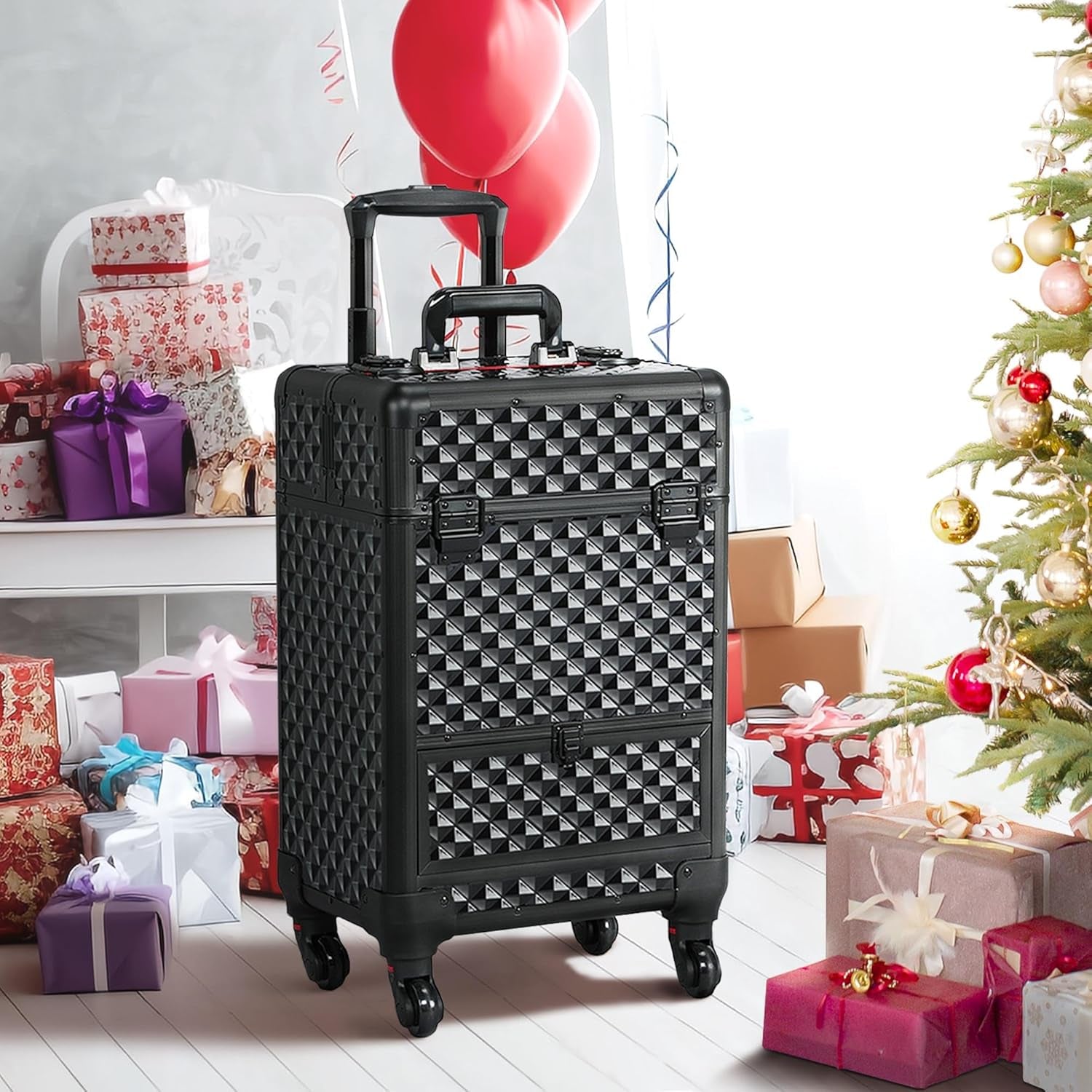 Professional Rolling Makeup Train Case - Aluminum Cosmetic Trolley with Wheels, Lockable Design, Sliding Drawers, and Removable Divider in Black/Red