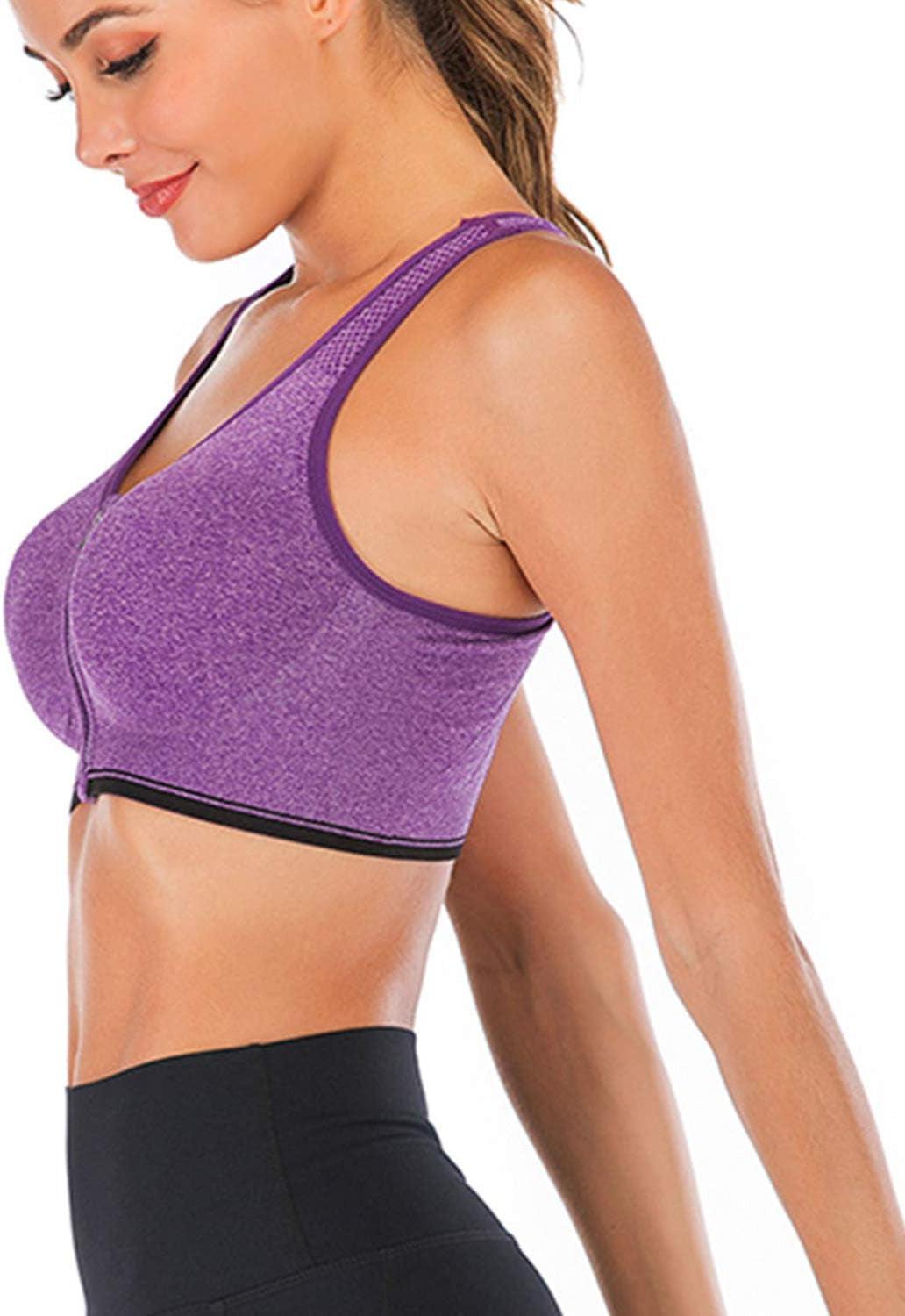 5-Pack Women's Zip Front Sports Bra - Post-Surgery Wirefree Yoga Bra with Removable Pads and Racerback Design