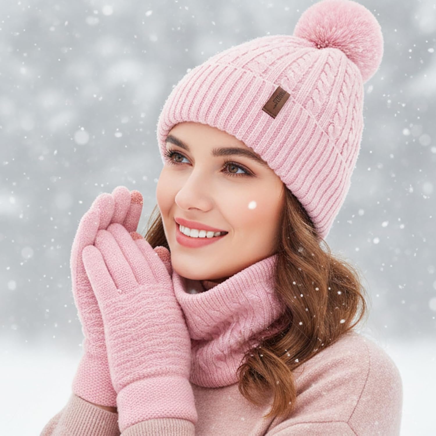 3-Piece Women's Winter Beanie, Scarf, and Touchscreen Gloves Set - Classic Knit Fleece-Lined Cable Cap