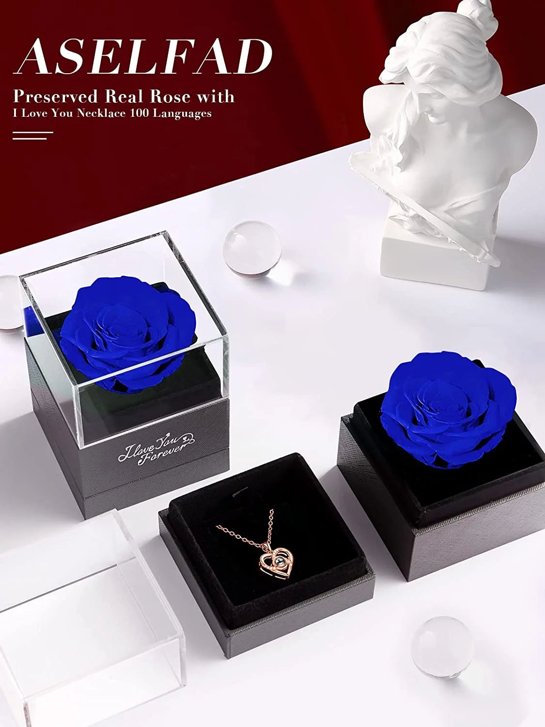Eternal Preserved Red Rose with "I Love You" Necklace in 100 Languages - Timeless Floral Gift for Mother's Day, Birthdays, Anniversaries, and Romantic Occasions