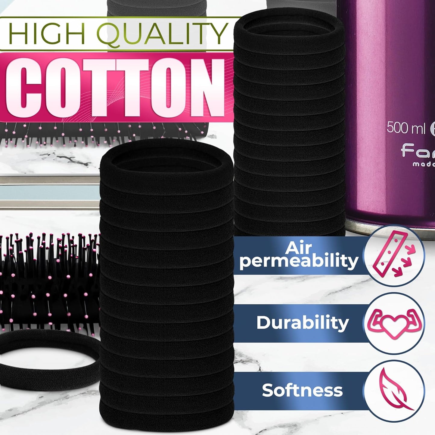 Bulk Pack of 100 Soft Black Seamless Cotton Hair Ties - 1.9" Elastic Ponytail Holders, Gentle and Breathable with No Damage, Exceptional Elasticity and Strength for Reliable Hold